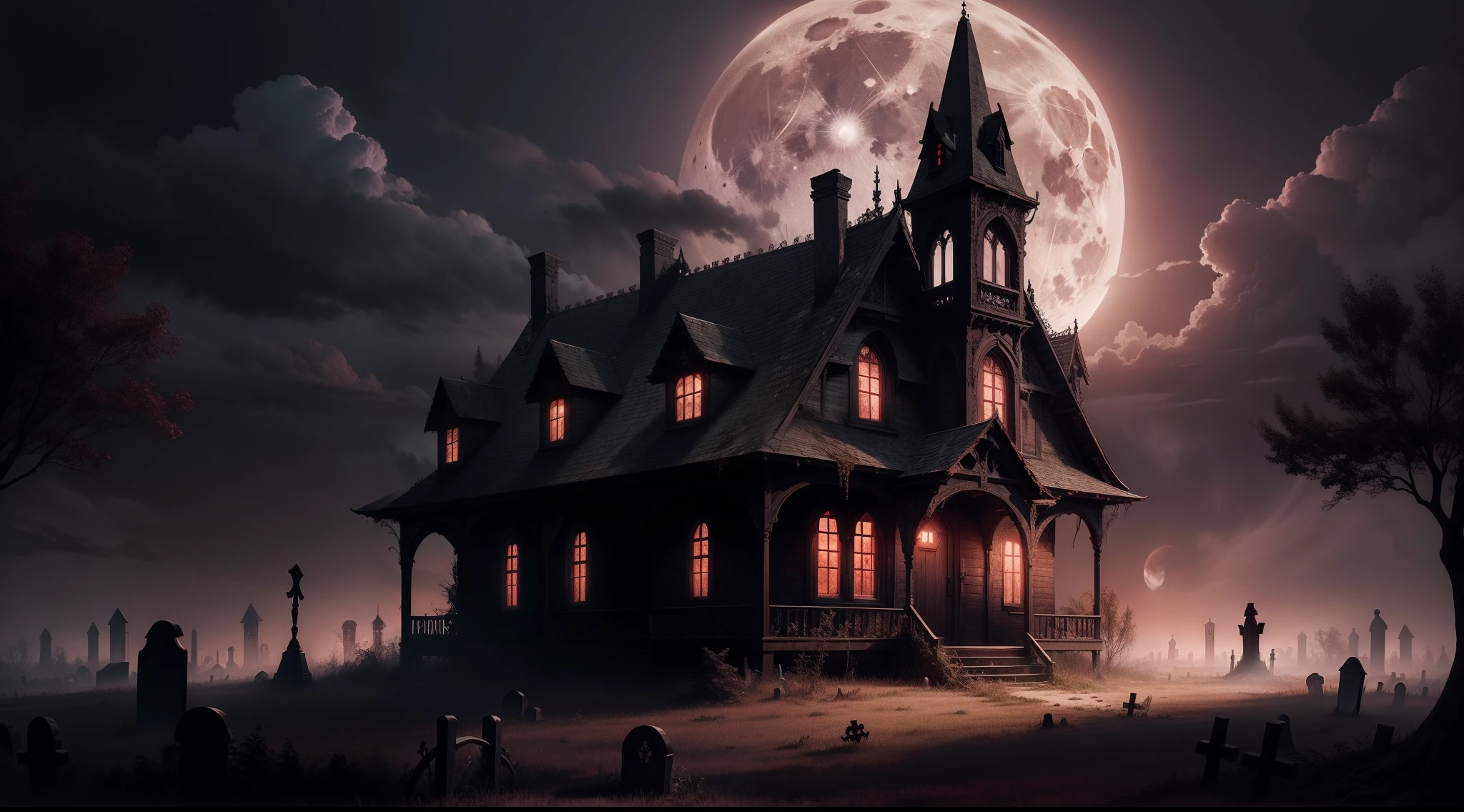 abandoned wooden gothic house with a graveyard, full moon, spooky atmosphere, halloween, red sky, Wednesday Addams chased by a werewolf