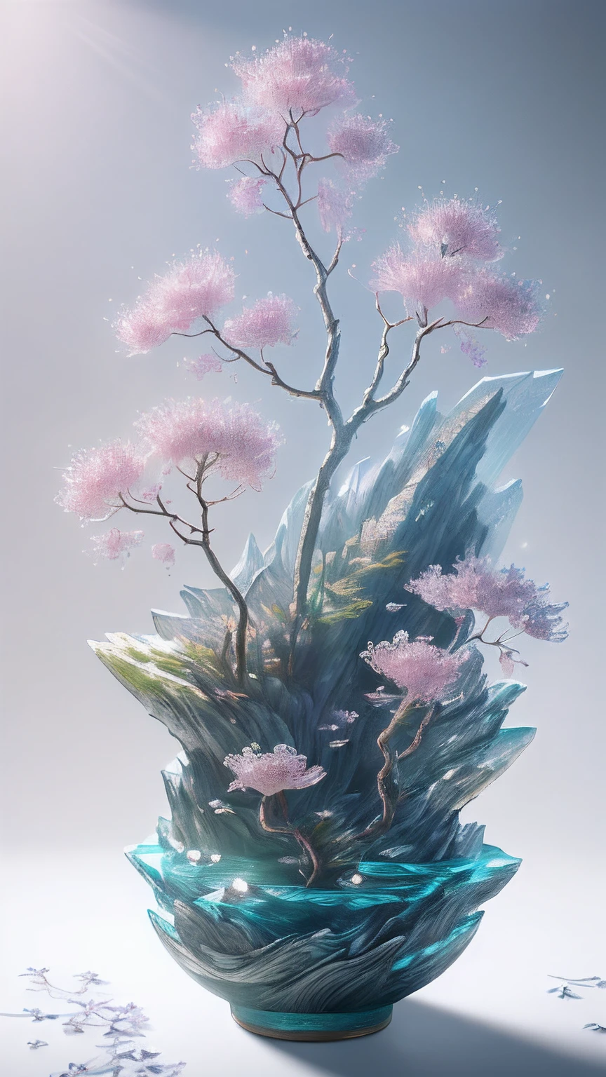best quality, realistic, photorealistic, ultra detailed, "Mountain of Flower and Fruit+Fairy+Chinese Architecture" highly detailed carving on "southern ice" porcelain,Ultra wide angle,Accent Lighting,Volumetric Lighting,backlighting, (detailed light),((an extremely delicate and beautiful)),dramatic_shadow,ray_tracing,hdr