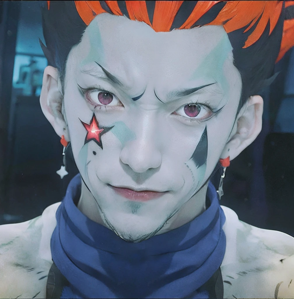 anime character with red hair and a star on his face, portrait of hisoka hunter hunter, hisoka, hisoka from hunter × hunter, joker looks like naruto, an anime portrait of david bowie, trigger anime artstyle, handsome guy in demon slayer art, joker as naruto, in a anime masterpiece, kentaro miura art, realistic,very detail,face detail,high realistic,ultra realistic