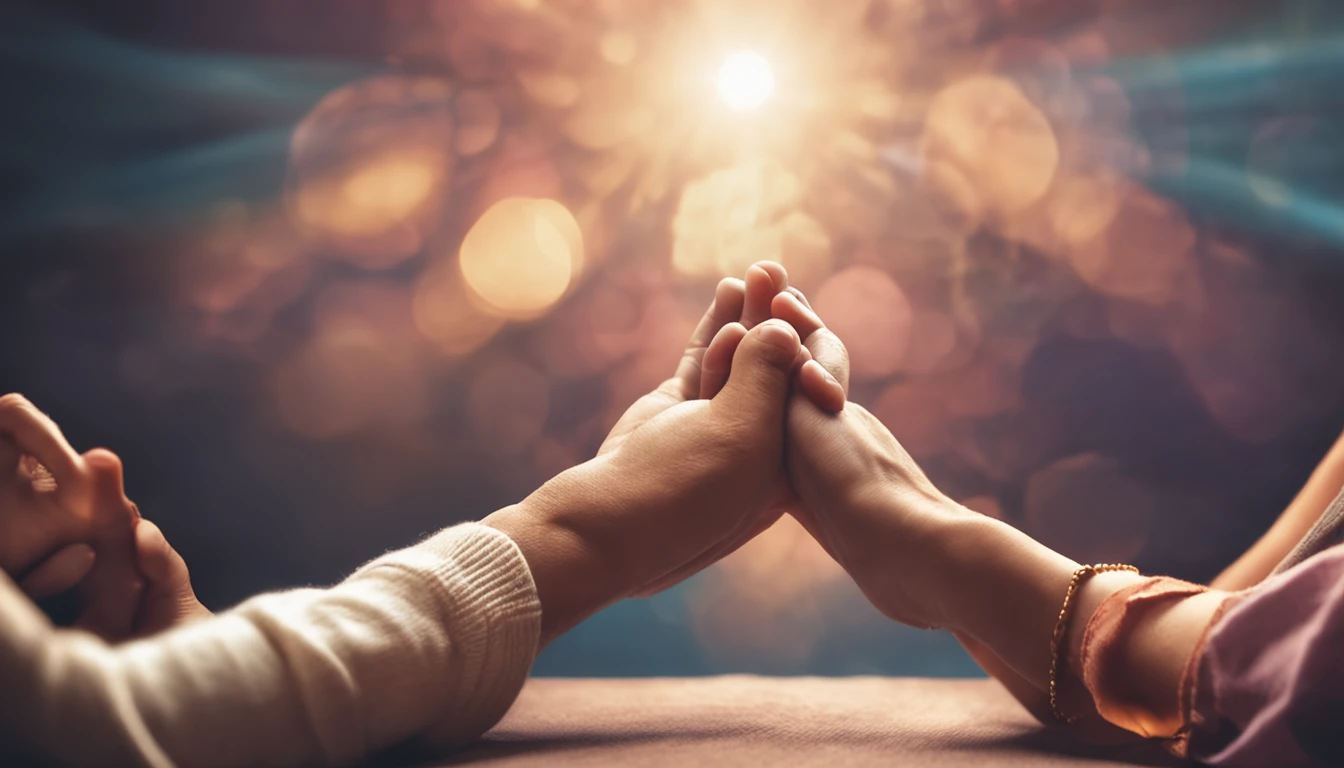 Realistic image with a soft and comforting background with warm colors such as blue and purple tones that convey serenity and spirituality. In the center of the image stands an image of hands joined in prayer, with a soft light radiating from them, symbolizing intercession and spiritual connection.

Around the hands, there is a circle of small miniature photos of channel subscribers, showing diversity and unity in the community. The photos are slightly blurry, representing the anonymity of the subscribers, but still revealing a sincere connection.

As a finishing touch, a soft golden light effect permeates the entire miniature, adding a touch of divinity and hope.