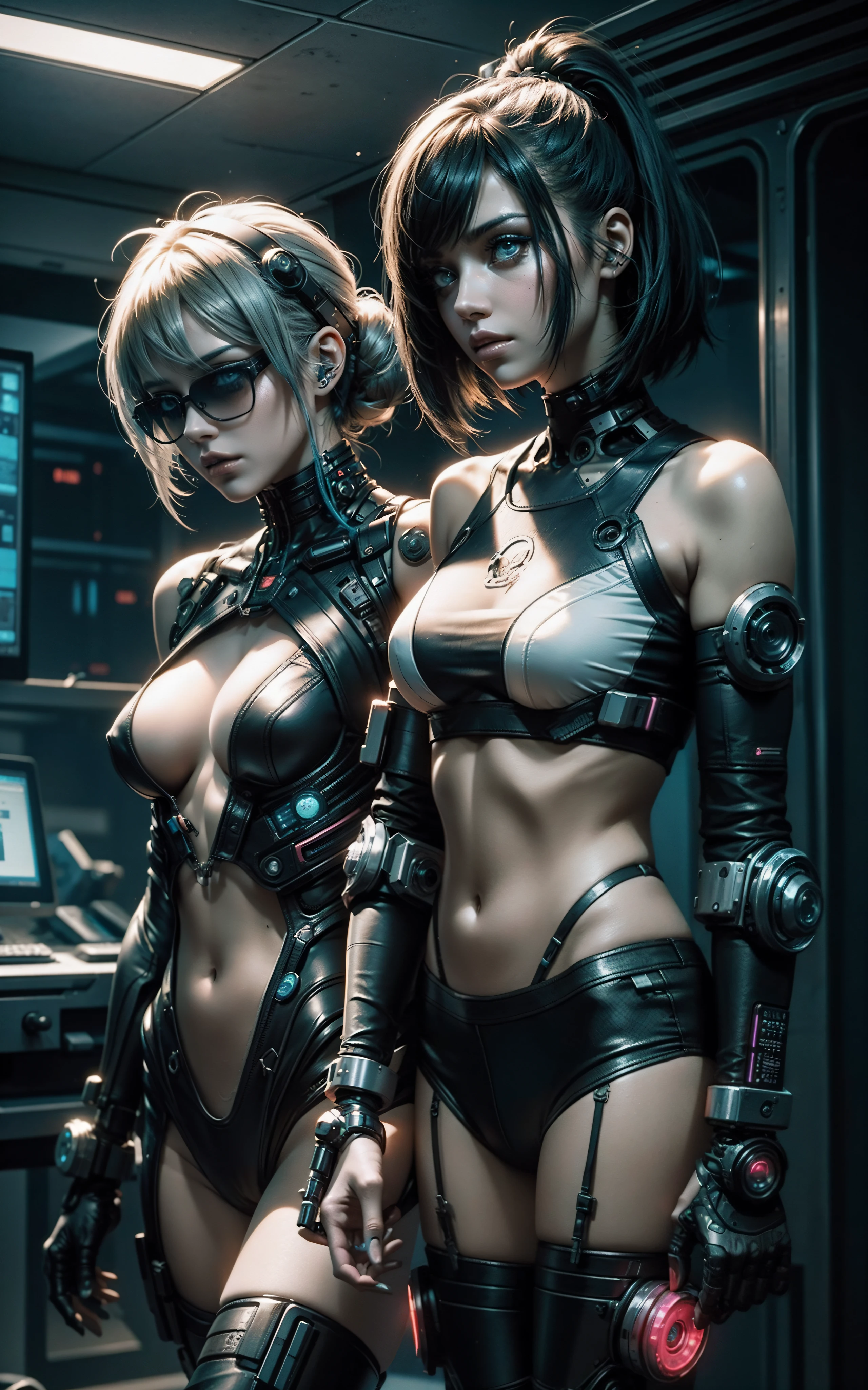 Two girls with cyberpunk-style cybernetic prosthetics