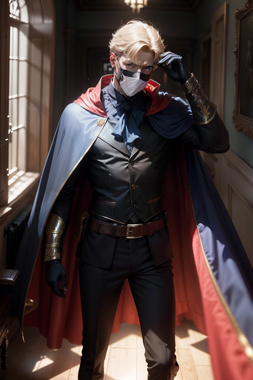 V-Vendette mystery man wearing a mask and cape coming out of a bright room