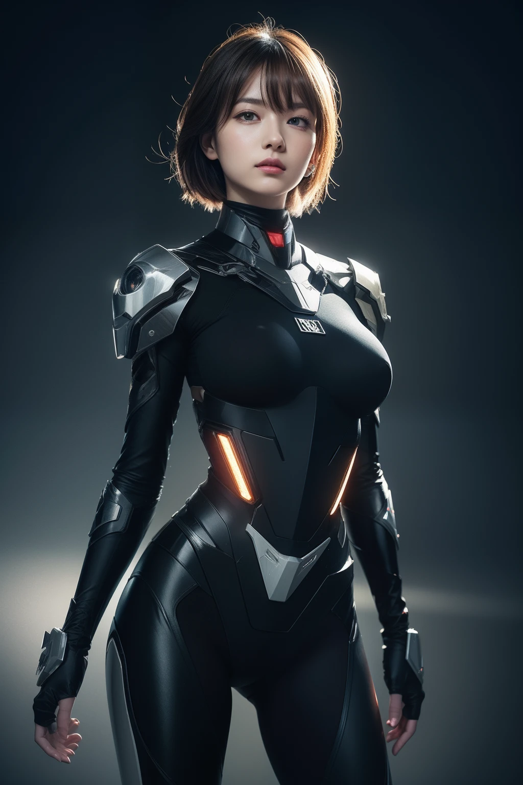 ((top-quality)), ((masterpiece)), ((realisitic)), (detaileds), (Photorealsitic:1.5), Futuristic girl, short hair, very short hair, korean,(thick body), (big boobs), (white bodysuit), 21years old,lights on armor, Exposure of the abdomen,Looking at the camera, dynamicposes, scientific fiction, HDR, Ray traching, NVIDIA RTX, Hyper-Resolution, Unreal 5, sub-surface Scattering, PBR Texturing, post processed, Anisotropy Filtering, depth of fields, Maximum clarity and sharpness, thirds rule、8K RAW、(Luminescent particles:1.4)、(extremely details CG、Unity 8k Wallpapers、3D、lighting like a movie、lensflare)、Reflectors、foco nítido、Cyberpunk Art、Cyberpunk architecture、