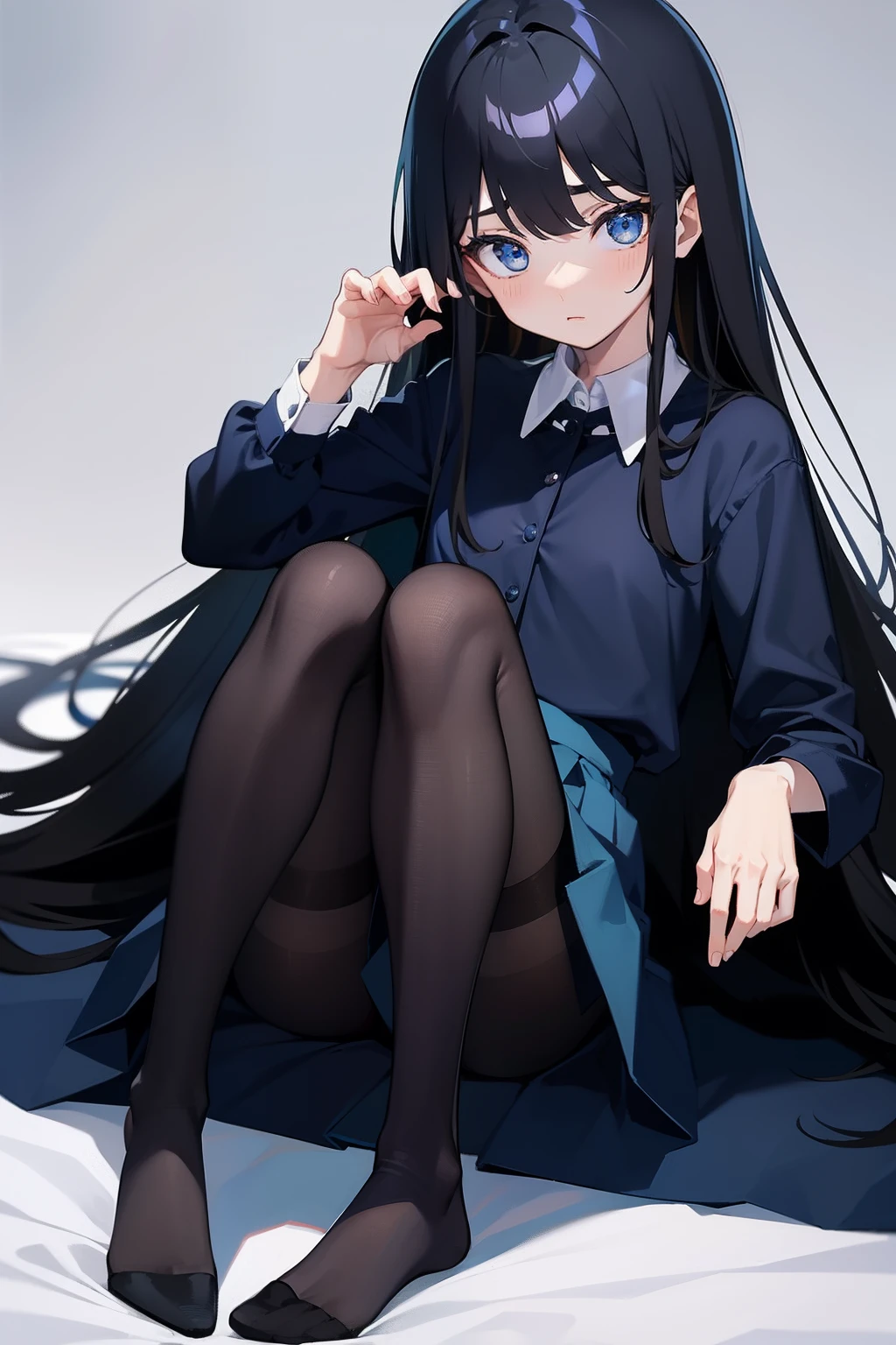 tmasterpiece、Need、Highest high resolution、Japanese high school girl、Three no girls、mano、Petite、Small chest、Dark blue top、a black pleated skirt、The slender legs are wearing dark black pantyhose、No shoes、ccurateblack hair、Long straight hair, Turquoise blue eyes