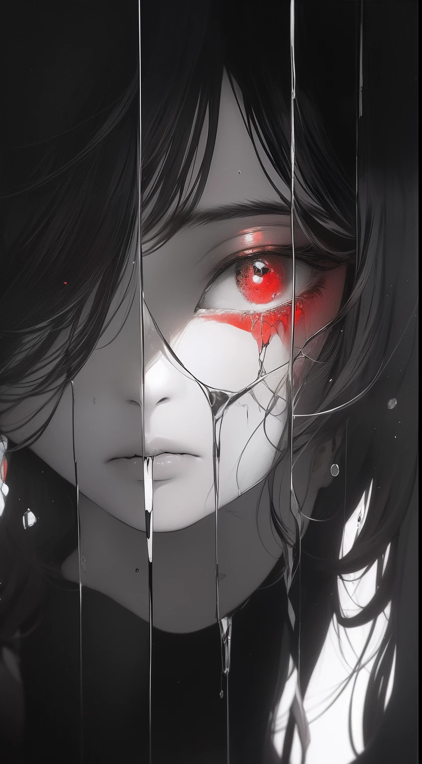 black andwhite，Absolutely beautiful woman，Bust，Broken mirror，Black and white splitting，Red tears，Black and white painting，Broken，sublevel，Black and white，Eroded by darkness and light，对称
