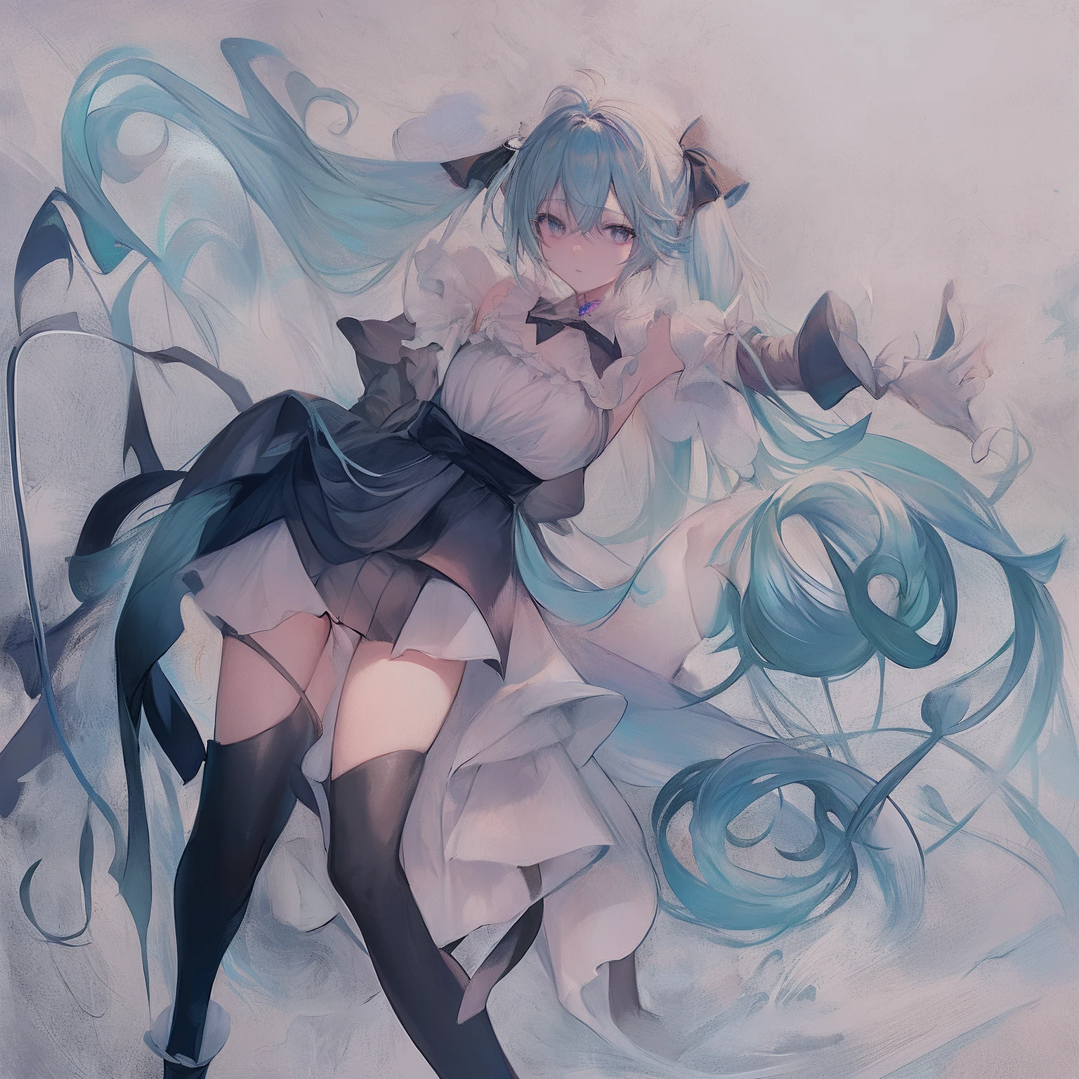 Let's start with a base illustration of a young female character.
Adjust the hair color to Hatsune Miku's iconic turquoise blue.
Style the hair to be very long, reaching below the waist, in twin tails. Ensure the twin tails are evenly balanced and neatly wrapped at the top.
Give the hair a glossy appearance and a slightly voluminous texture.
Create a youthful and cute facial expression with large, expressive eyes. The eye color should be a bright shade of blue.
Give her a characteristic slim and petite body frame.
Remove the distinctive outfit consisting of a sleeveless top, tie, and pleated skirt. Include shades of teal and black in the color scheme.
Include signature accessories such as a futuristic headset, microphone, and detachable sleeves.
Optionally, add knee-high boots or thigh-high socks in matching color tones.
Provide a background that complements the aesthetic, such as a futuristic cityscape or a concert stage with colorful lights.
Please note that due to the complexity of the instructions, it may be challenging for an AI to accurately generate an image based on the exact specifications provided.
Please draw it in a sketch-like style, resembling an idea sketch.
A drawing that looks like it was done with a pencil. A picture drawn in a messy manner. A drawing done with hesitation.Soft Joints - Dancer's Joints - Twisting the Hips Dramatically - No Use of Black in Outlines - Pink Illumination - Lowered Gaze - Slender Eyes - Puffy Cheeks - Visible Abdominal Skin - Hair Color is Aqua - Hair Doesn't Turn Green - Employing Light Pastel Colors for Outlines.