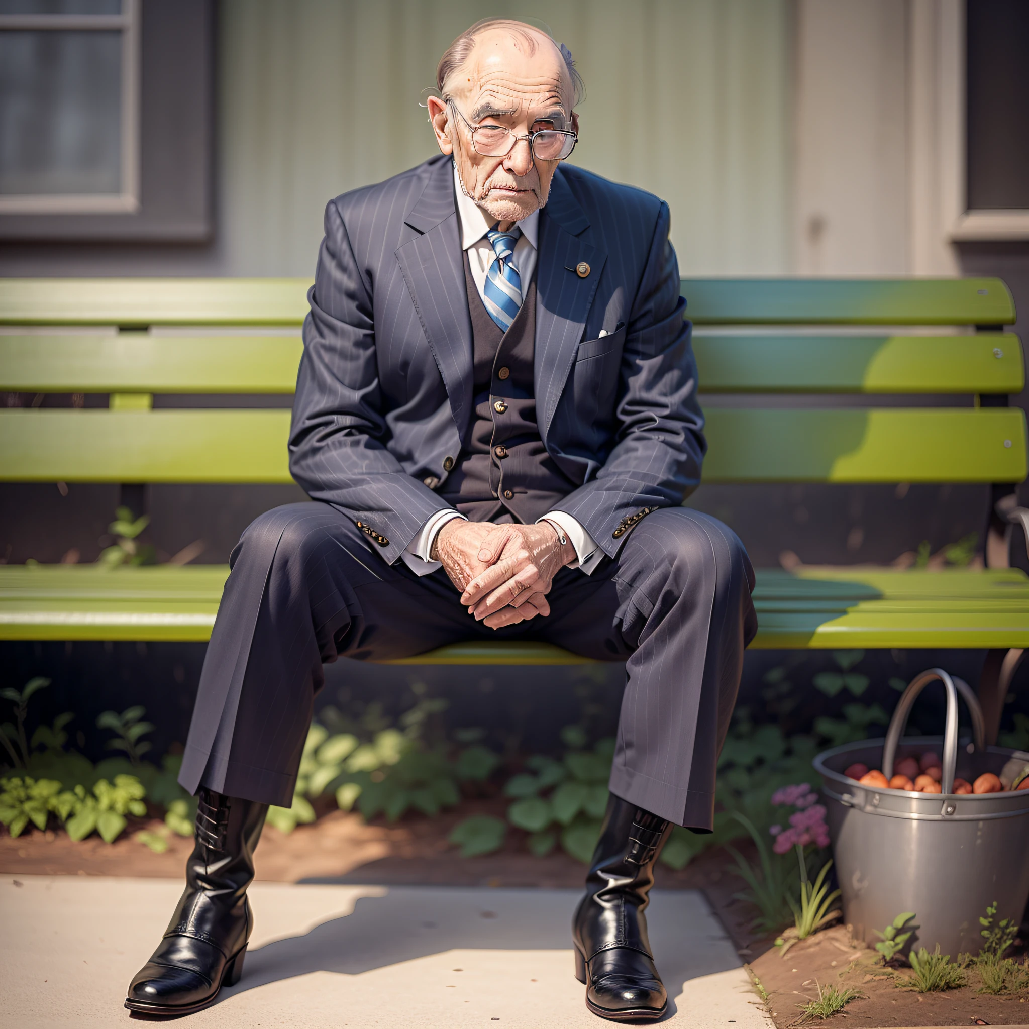 An old man in riding boots sat on a bench,He wears a striped suit,Wearing glasses,balding,