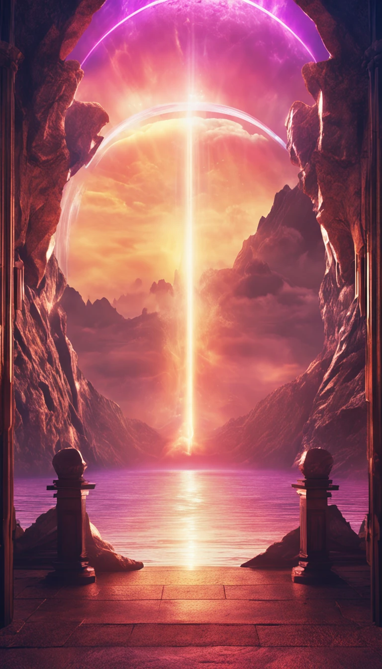 Beautiful sunset images，There is a lake in the middle, Magic portal in the sky, Lens flare. occult photorealism, world seen only through a portal, heaven gate, heaven planet in background, infinite space clock background, The Eye of God, rays of sunshine