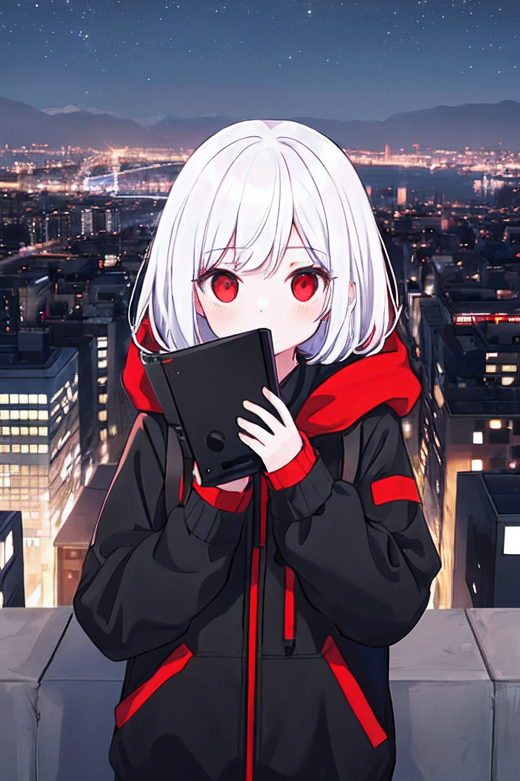 s girl,White hair and red eyes,Black hood,Like a hacker,The background is the city at night,There are stars in the sky