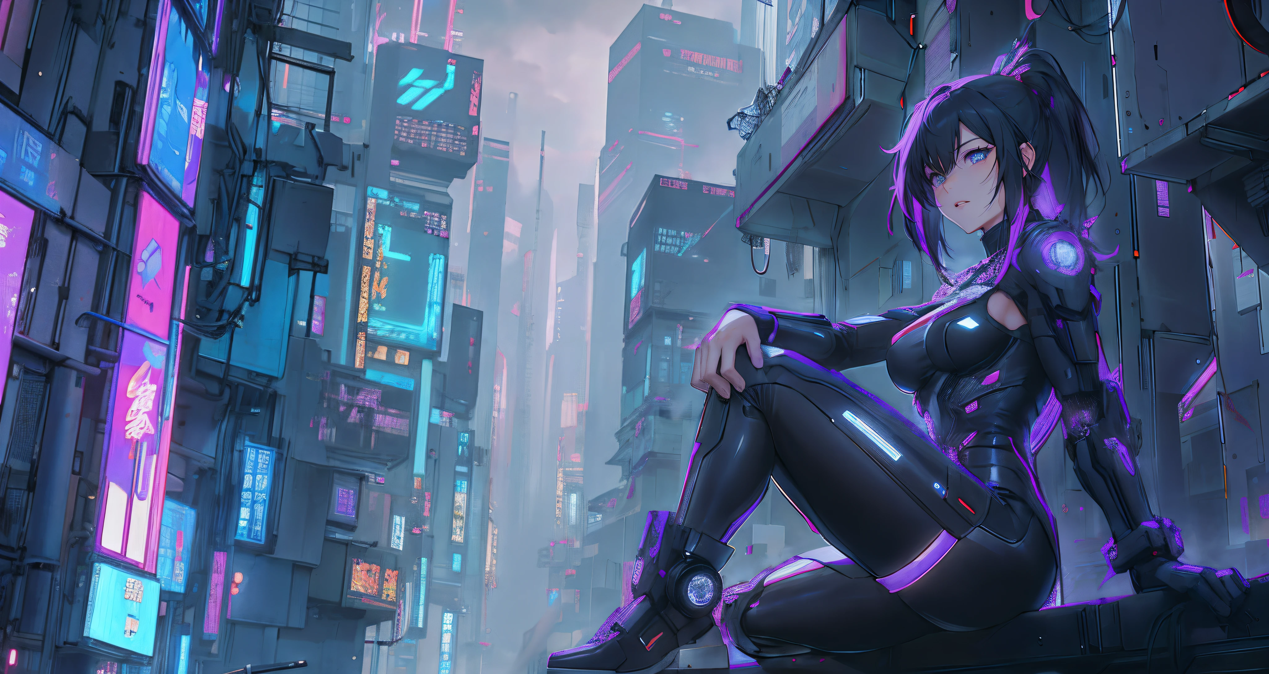 Cyber girl sitting on a ledge in the city at night。Cyberpunk anime art envelops her as digital worlds intersect。Modern cyberpunk art style illuminated by neon lights、It depicts a fusion of an anime girl and a mecha.。This art with a cyberpunk theme is、Feel like a dreamy future。With the scenery of a cyberpunk city lined with skyscrapers、Her presence is enchanting,、It seems to be wrapped in a mysterious magic。