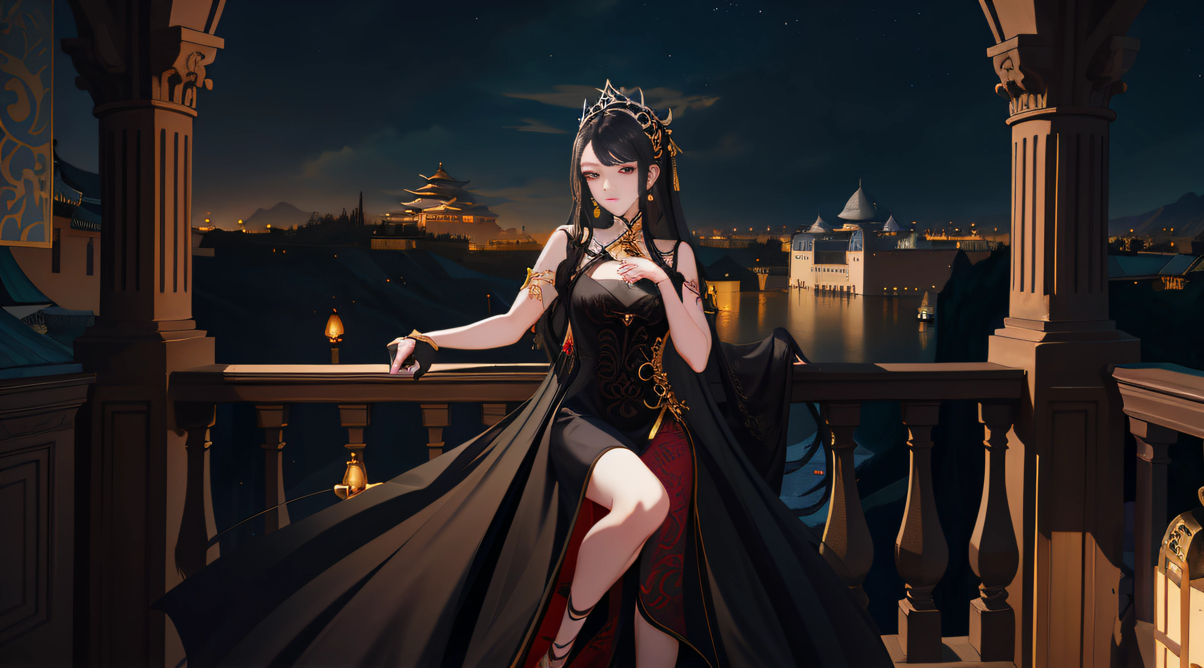 Alafi woman in black dress poses on balcony, fantasy photoshoot, Chinese girl, China Princess, matte painting portrait shot, Elegant Gothic princess, Palace , A girl in Hanfu, professional photoshooting, royal elegant pose, inspired by Hedi Xandt, high quality portrait photoshoot, full-body xianxia, inspired by Zhan Ziqian