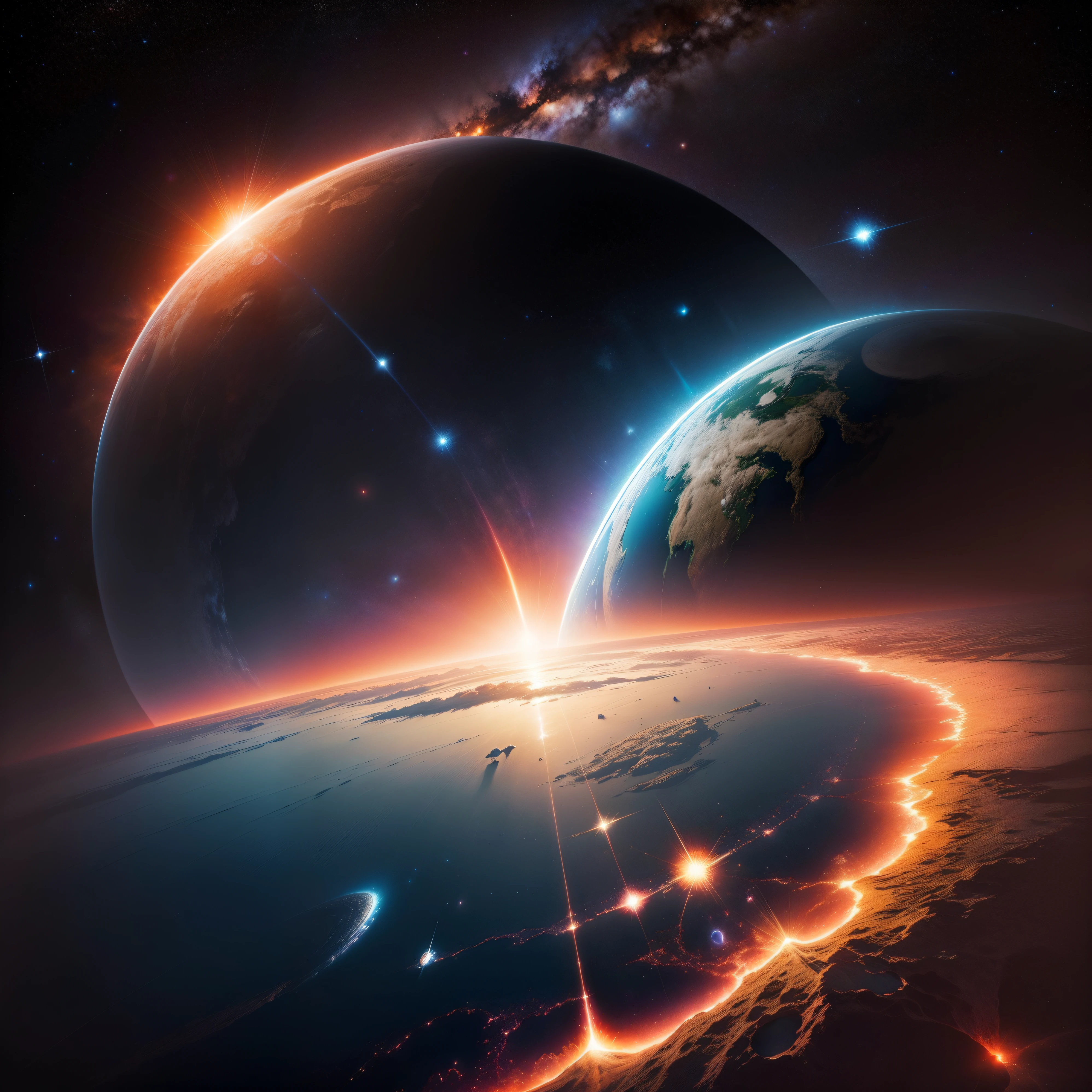 "Vibrant and breathtaking depiction of our vast and majestic Solar System, showcasing the dazzling beauty and captivating wonders of each celestial body, from the scorching sun to the mesmerizing planets and their enchanting moons, amidst a backdrop of stunning cosmic landscapes and awe-inspiring celestial phenomena."