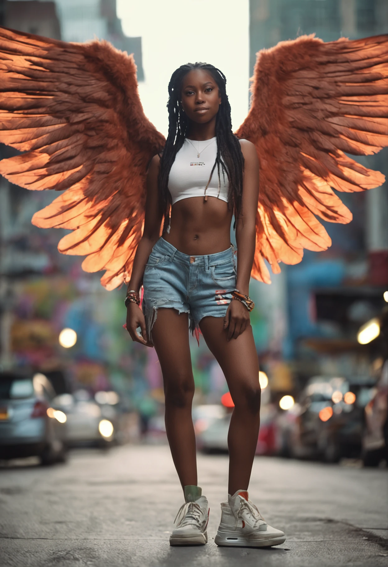 female angel with huge wings wearing baggy saggy urban clothing nike sneakers and dreadlock she got that goddes like swagger adding an extra flair to her already impressive presence she needs to be worshipped her swagger presence must be known at all times wild swagger stance