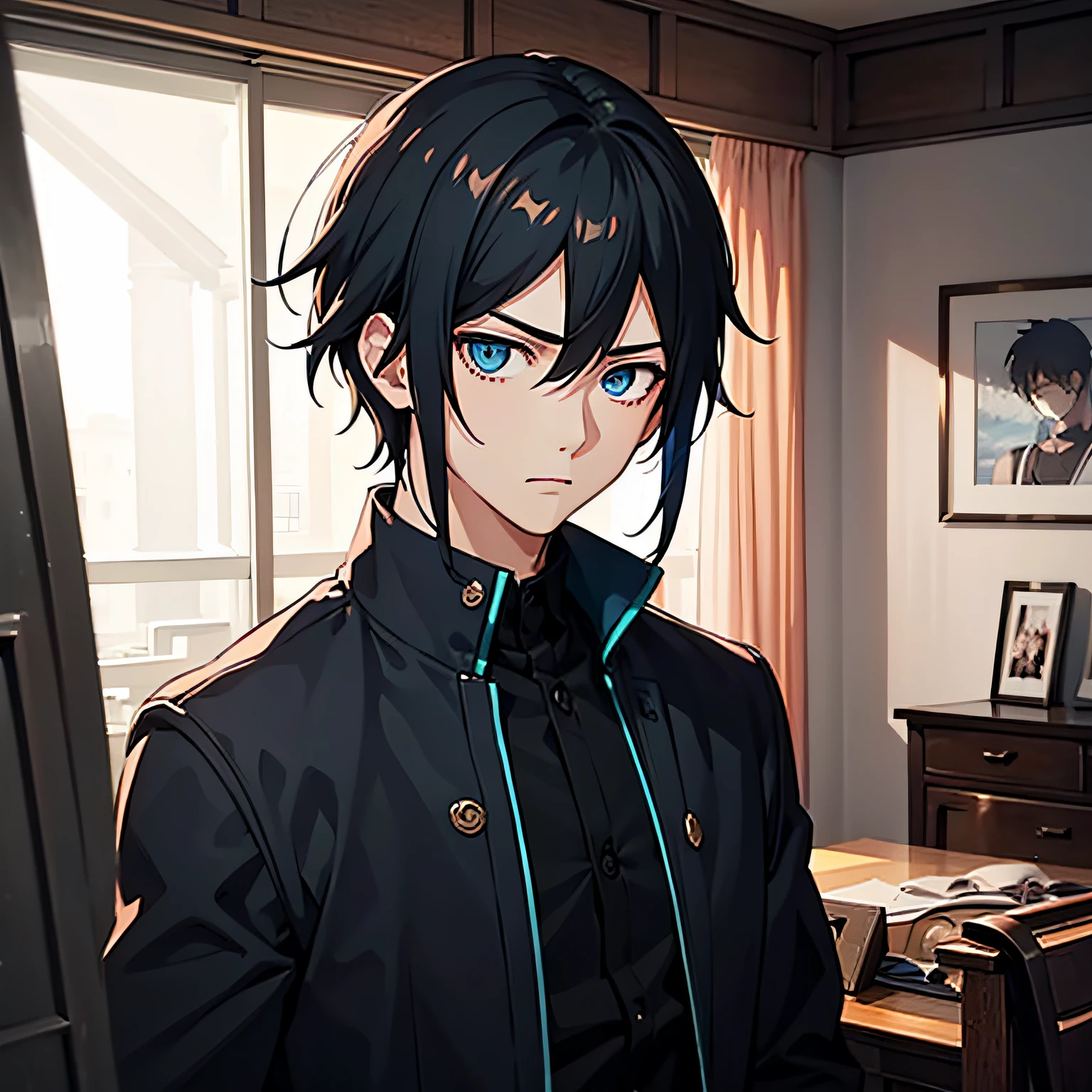 A boy,Black color hair,blue color eyes,Handsome,The expression is serious,vred,Inside the house,Figure anime style,Dark 4K, hyper HD, Masterpiece