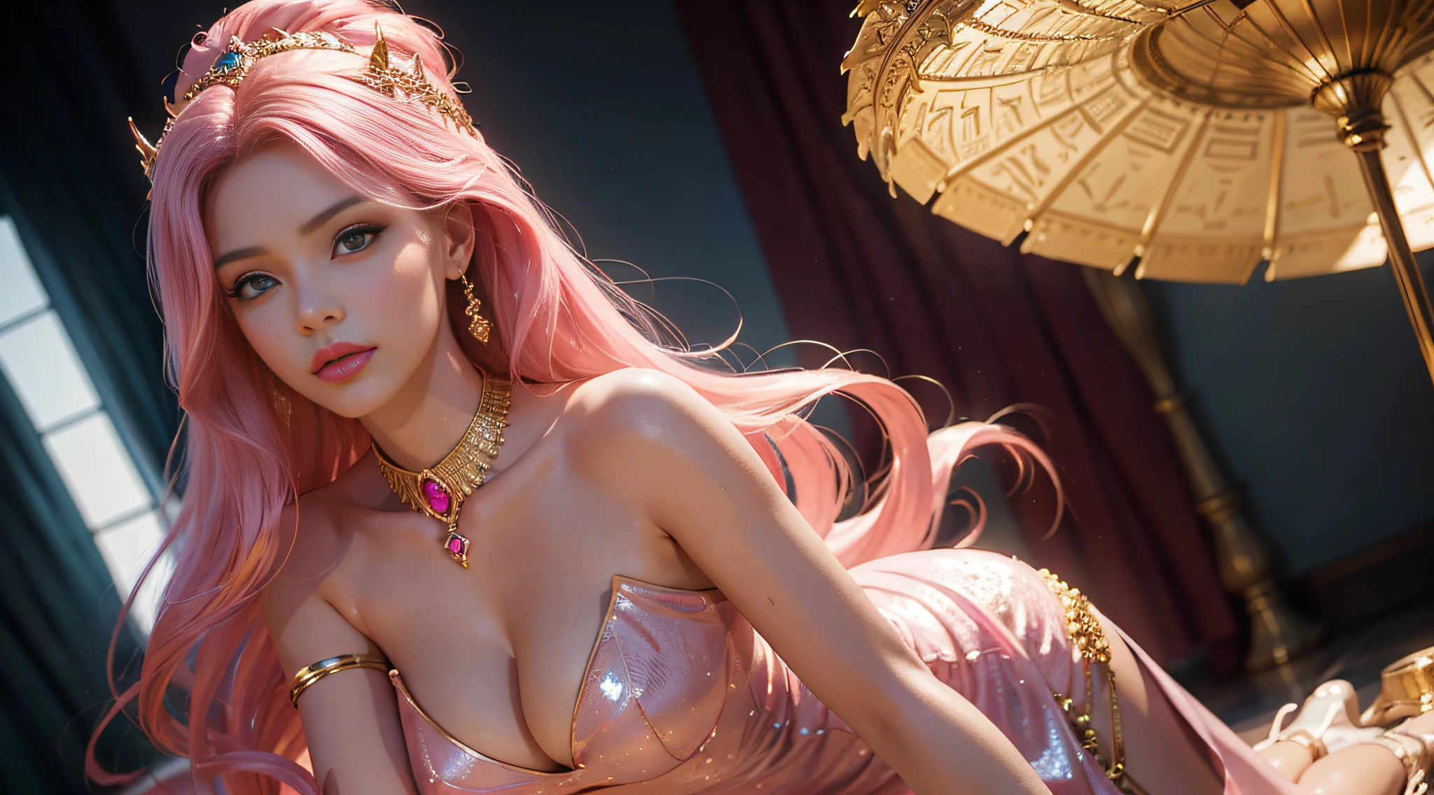 cinematic shot, a visually dynamic and photo realistic image of a beautiful women styled as Barbie, the model is wearing pink egyptian design dress, captured from a dynamic low-angle perspective,exquisitely detailed, shining skin,Ultra Detailed, unity 8k wallpaper, ultra detailed, aesthetic, masterpiece, best quality, photorealistic, full body