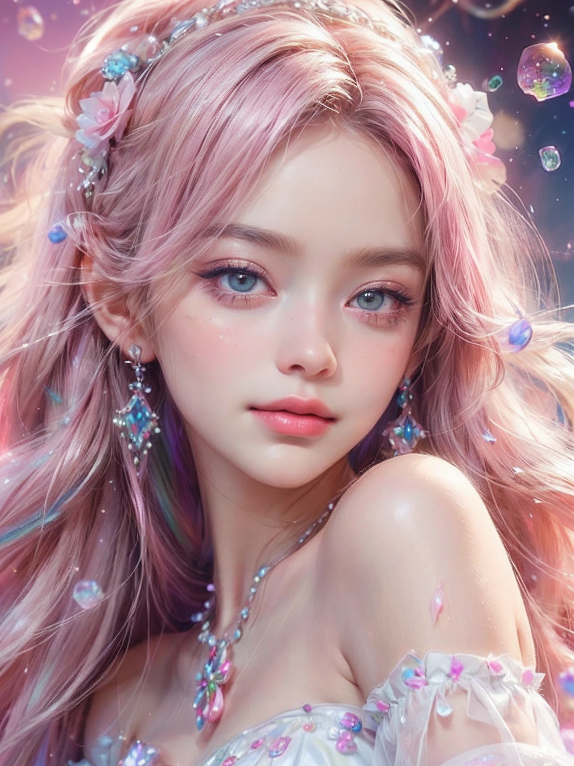 1girll,（Captivating quality：1.4），（True textured skins of the highest quality), Delicate face,Pink twin-tailed hair, Gradient Hair, （perfect bodies：1.1），Heart-shaped choker、long eyelasher,grin, hyperphotorealism, Cinematic lighting, projected inset, surrealism, hyper HD, masutepiece，Dream On，Please wear clear silk pajamas,Carmelto，tattooed，Fantasy space，Luxurious space