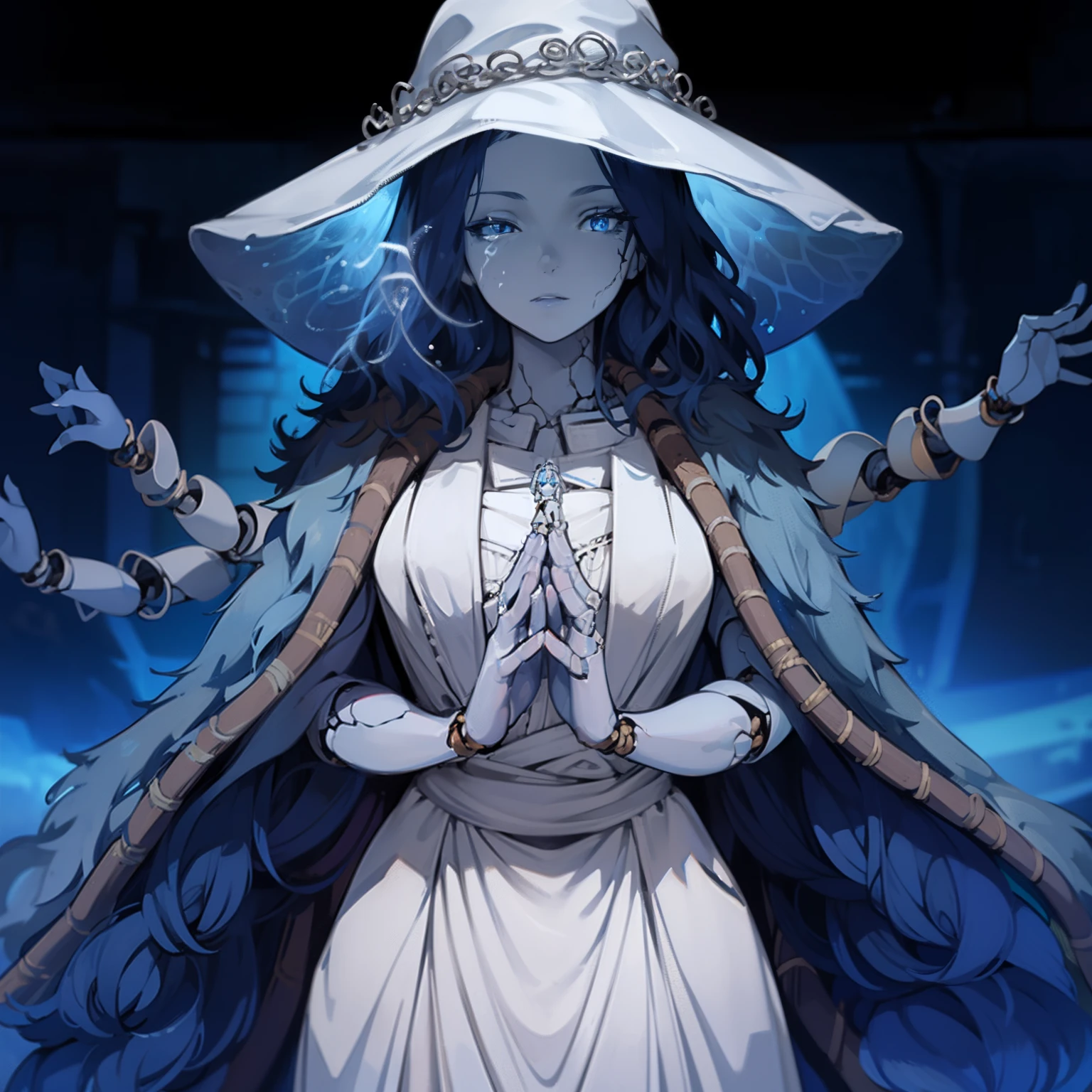 Ranni, 1girl, wavy hair, blue skin, cracked skin, ((four arms)), extra faces, doll, joints, doll joints, white dress, hat, cloak, extra arms, blue hair, wavy hair, blue eyes