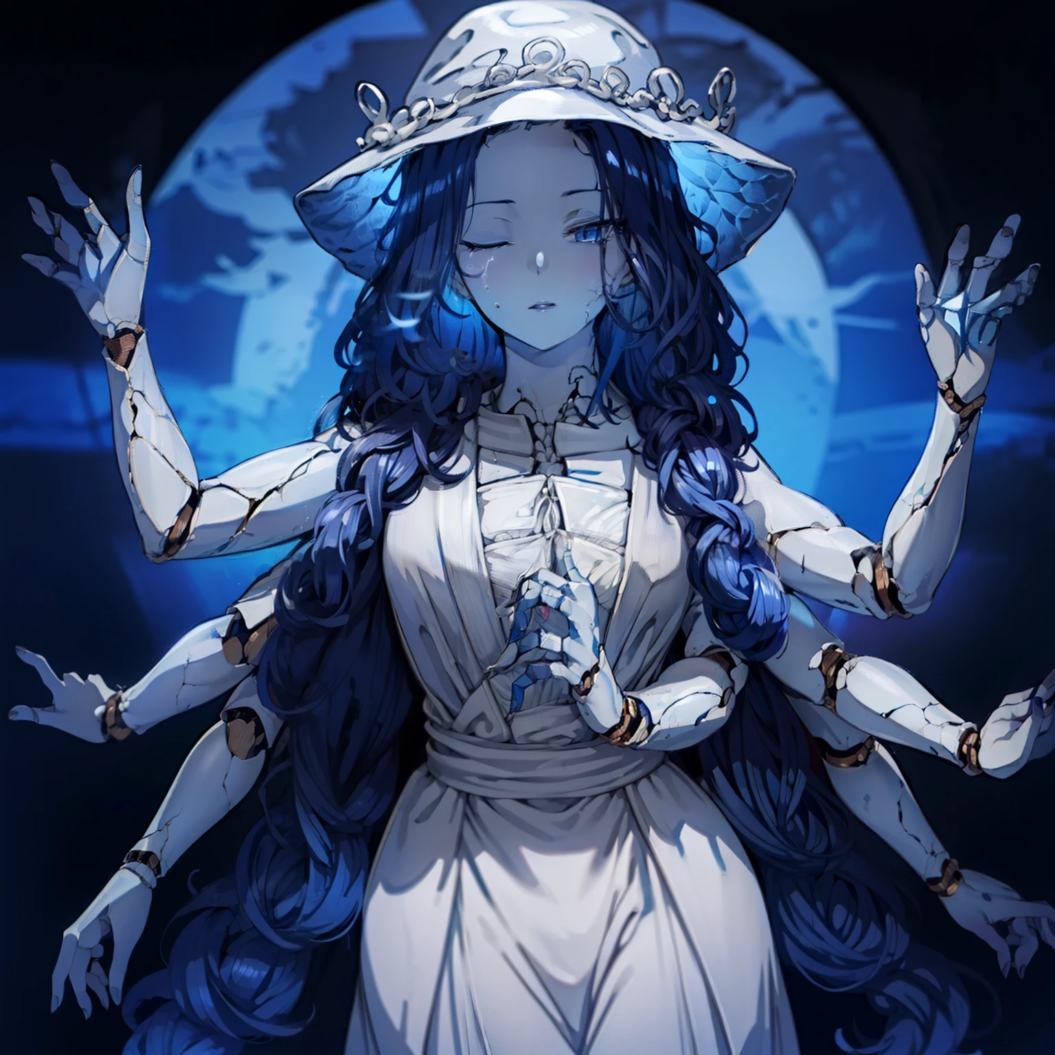 Ranni, 1girl, wavy hair, blue skin, cracked skin, ((four arms)), extra faces, doll, joints, doll joints, white dress, hat, cloak, extra arms, blue hair, wavy hair, blue eyes