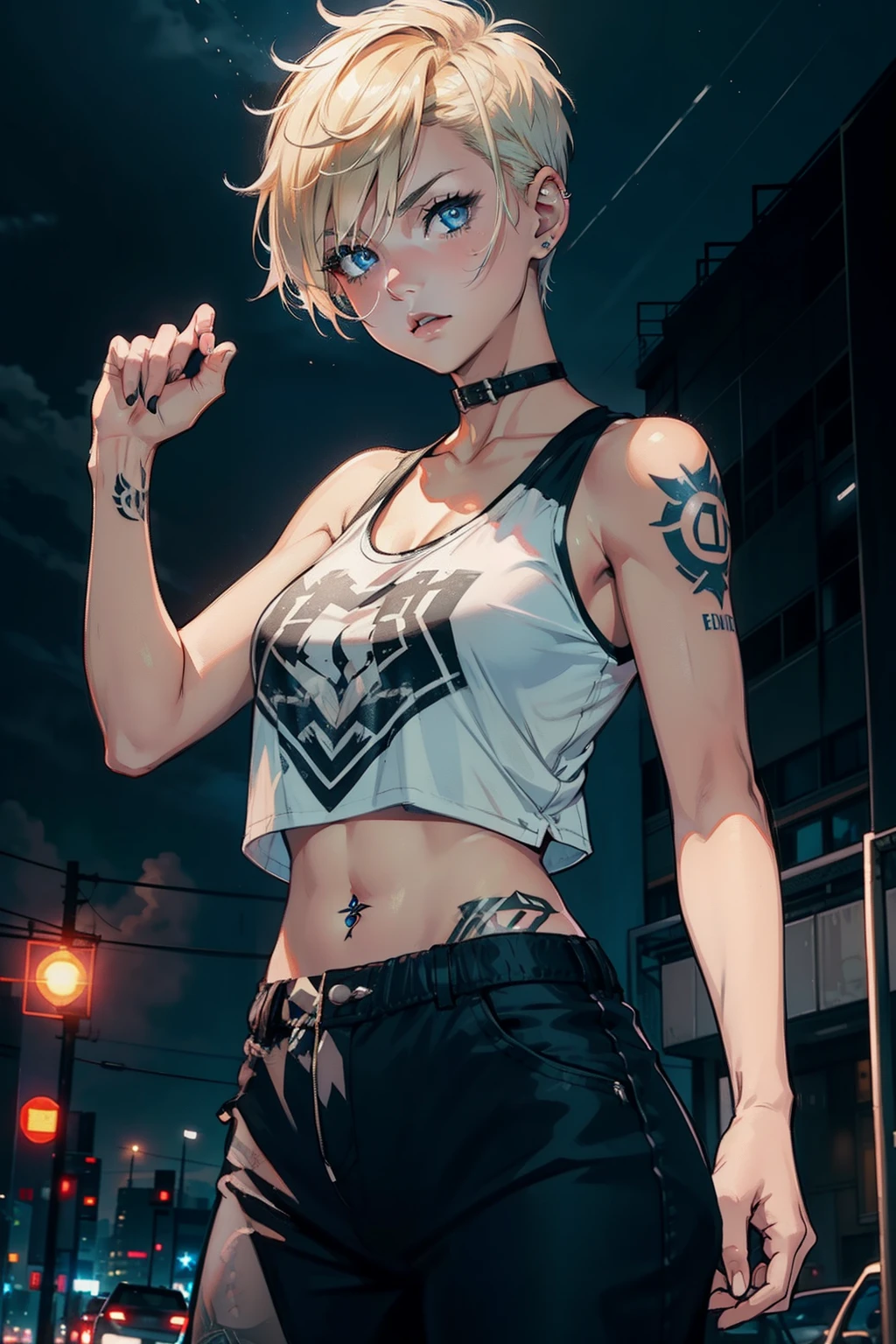 young girl short hair, blond hair, faux hawk  haircut, blue eyes, tattoed arm with thunders, black thunder tattoos, tank top white shirt, black letter pants, on a city, in one storm, night, thunders in the sky, 4k