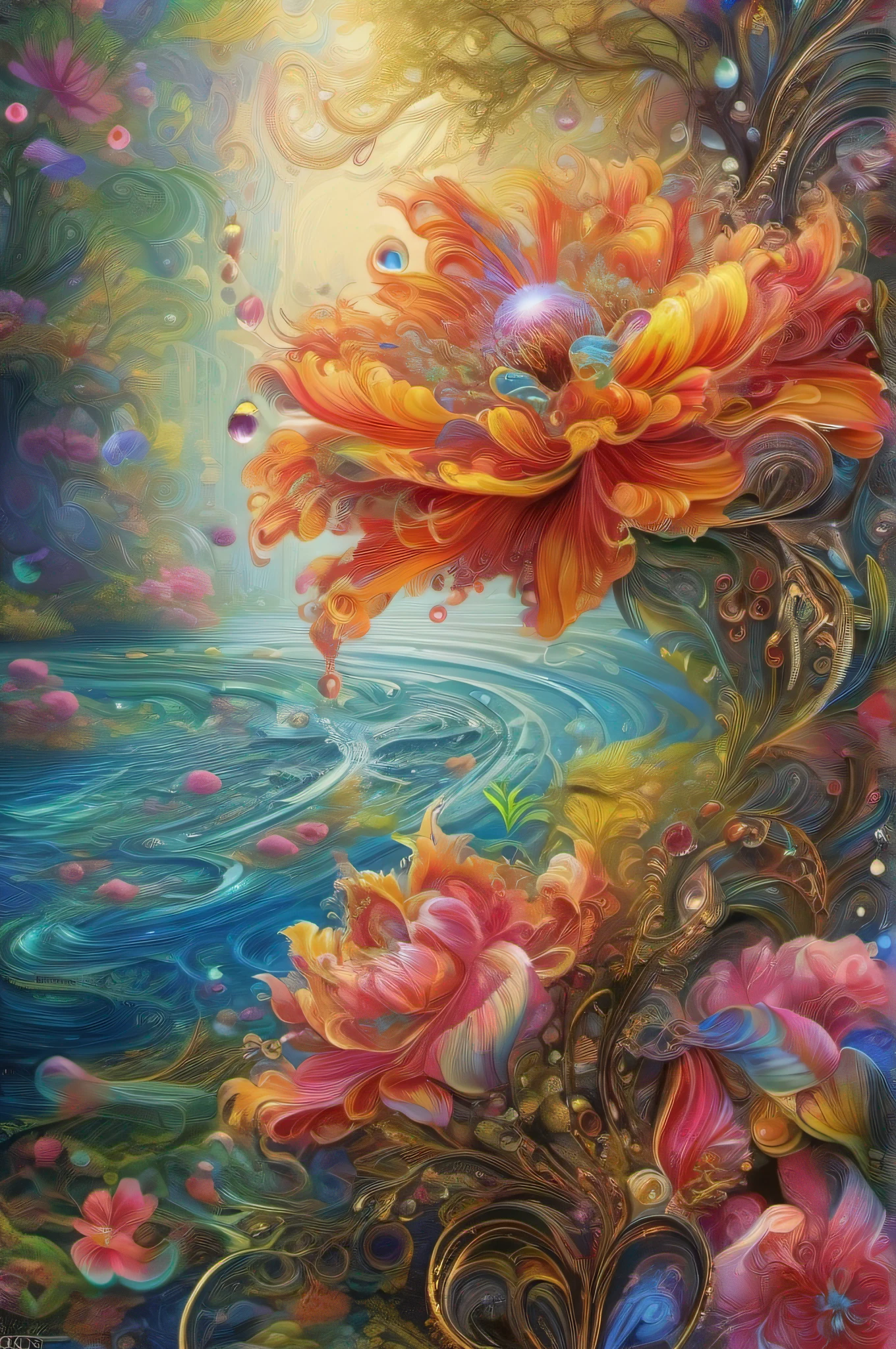 Beautiful flowers, water drops, color, filigree, highly detailed, intricate, colorful, swirly, fantasy, Josephine Wall, dreamy, elegant detailed fantasy acrylic , photorealistic digital art, 32k, octane, , splash of color, multicolored, intricately detailed fluid gouache painting by Jean Baptiste Mongue, ink flow, calligraphy acrylic Chinese ink color art, gold , ultra hd, realistic, vivid colors, highly detailed, UHD drawing, pen and ink, perfect composition, beautiful detailed intricate insanely detailed octane render trending on ArtStation, 32k artistic photography, photorealistic concept art, soft natural volumetric cinematic perfect light