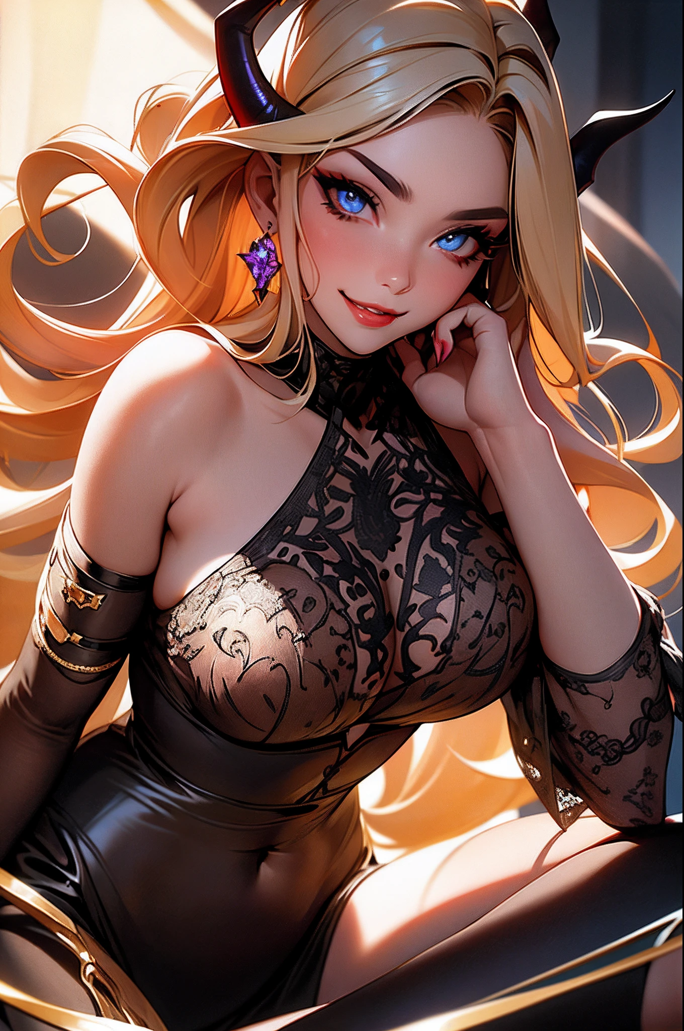 succubus, Beautiful woman, lingerie colorida intrincada, cabelos ondulados, beautiful face, rosto perfeito, grandes olhos lindos, sorriso suave, corpo perfeito slim fit, Quarto de luxo, cores brilhantes