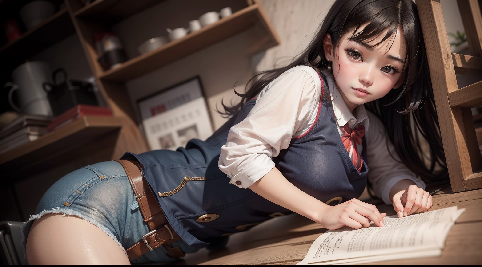 There was a woman sitting at her desk,Holding a book, Surrealism female students, Anime girl in real life, Surrealism female students, Anime girl cosplay, anime big breast. Soft lighting, Makoto Shinkai and Artgerm, Photorealistic anime, up of young anime girl, cosplay foto, Realistic young anime girl, Realistic schoolgirl, Range Murata and Artgerm,grin