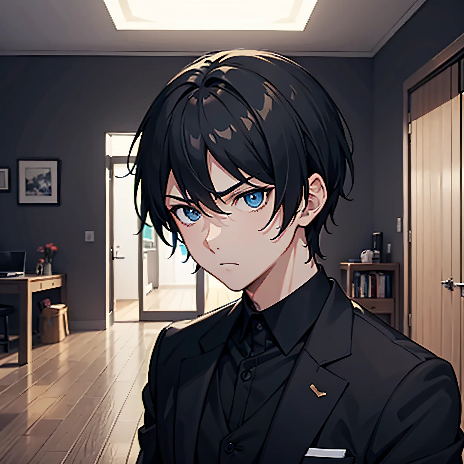A boy,Black color hair,blue color eyes,Handsome,The expression is serious,vred,irate,Inside the house,Figure anime style,Dark 4K, hyper HD, Masterpiece