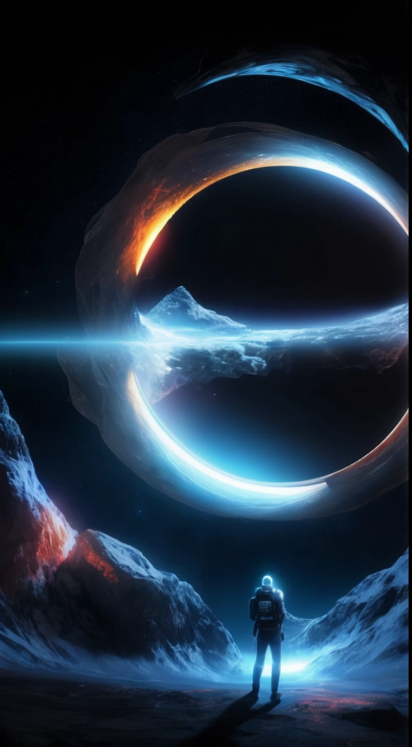 person, standing in front of a space portal overlooking the sun,, mistic，gateway to another universe, gateway to another dimension, world, visible only through the portal, High quality fantasy stock photo, portal to another world, portal to outer space，Looking into space, Universe, Magical Galactic Portal, The Cycle of the Stars, God，A sense of mystery