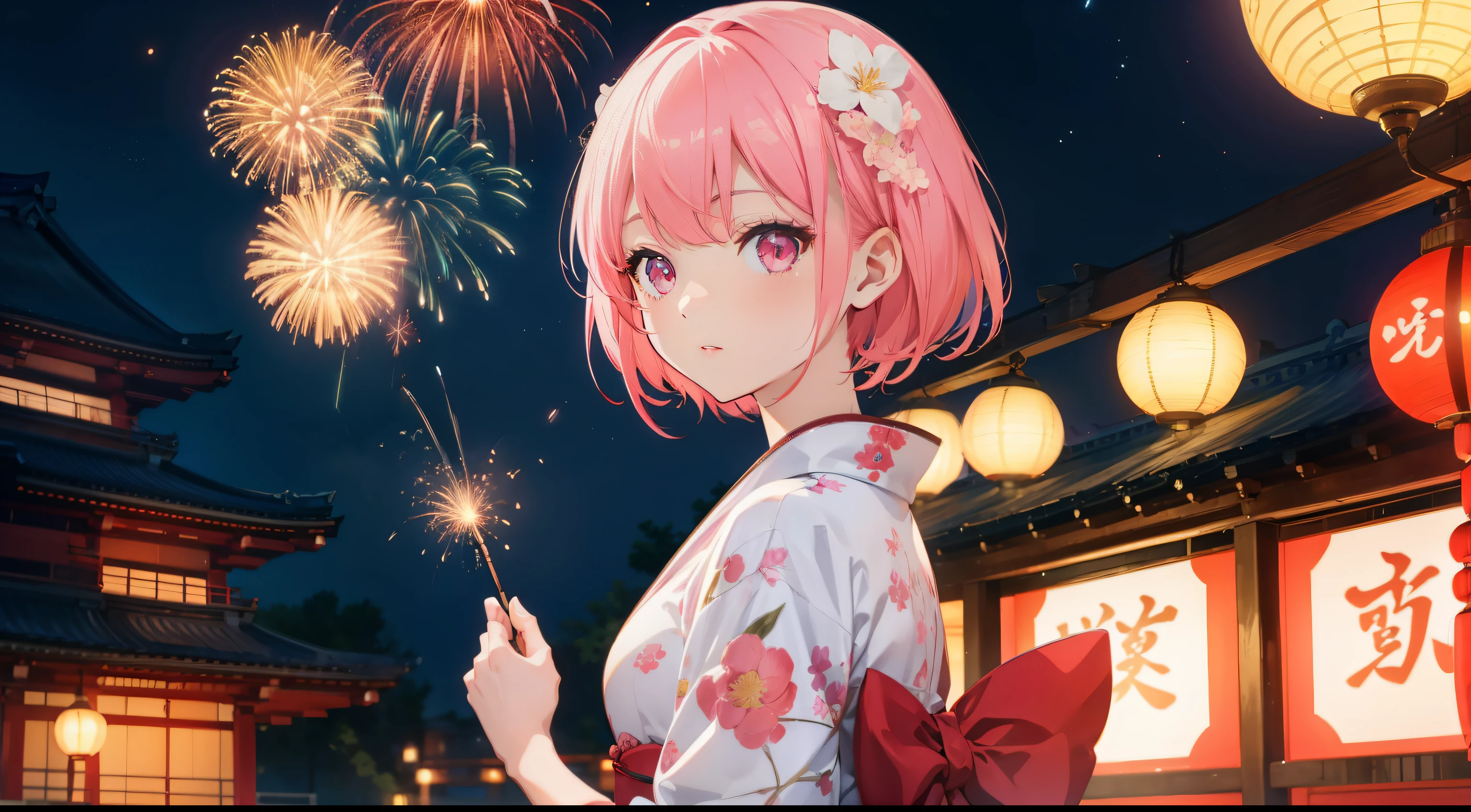 ​masterpiece、top-quality、Movie stills、1girl in、animesque、Pink shorthair、Pink eyes、illustratio、Kimono、Japanese dress、kawaii、homeliness、Night view of fireworks（Spark：0.7）、By Shinkai Makoto