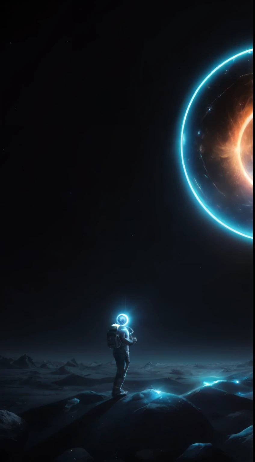 person, standing in front of a space portal overlooking the sun,, mistic,gateway to another universe, gateway to another dimension, world, visible only through the portal, High quality fantasy stock photo, portal to another world, portal to outer space,Looking into space, Universe, Magical Galactic Portal, The Cycle of the Stars, God,A sense of mystery