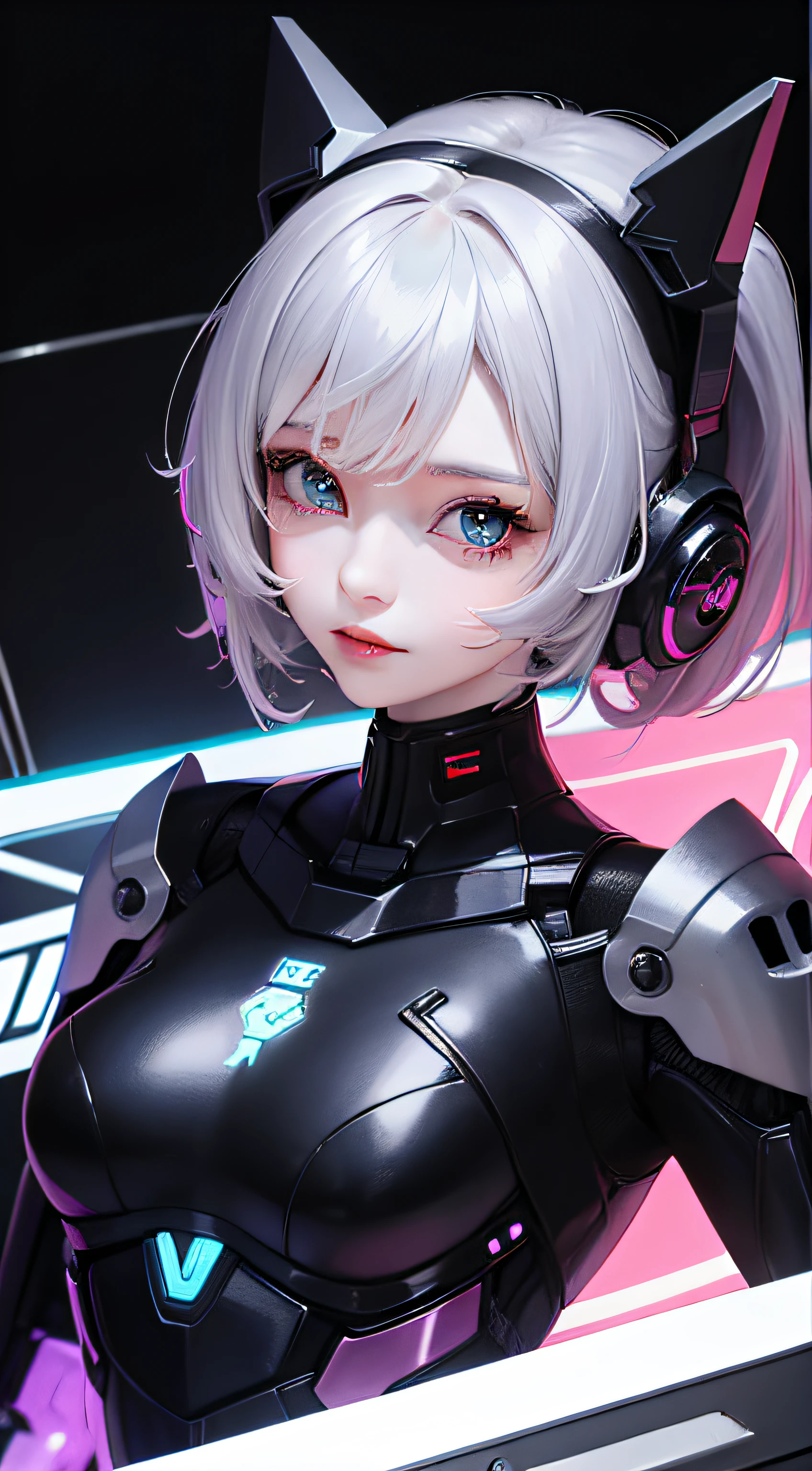 1girl, bangs, white hair, blue eyes, fashi-g,bob cut,short hair, cleavage, collarbone, open jacket,mecha,cyberpunk,neon lights,large breasts,mature female,shiny skin,rain,water drop,
