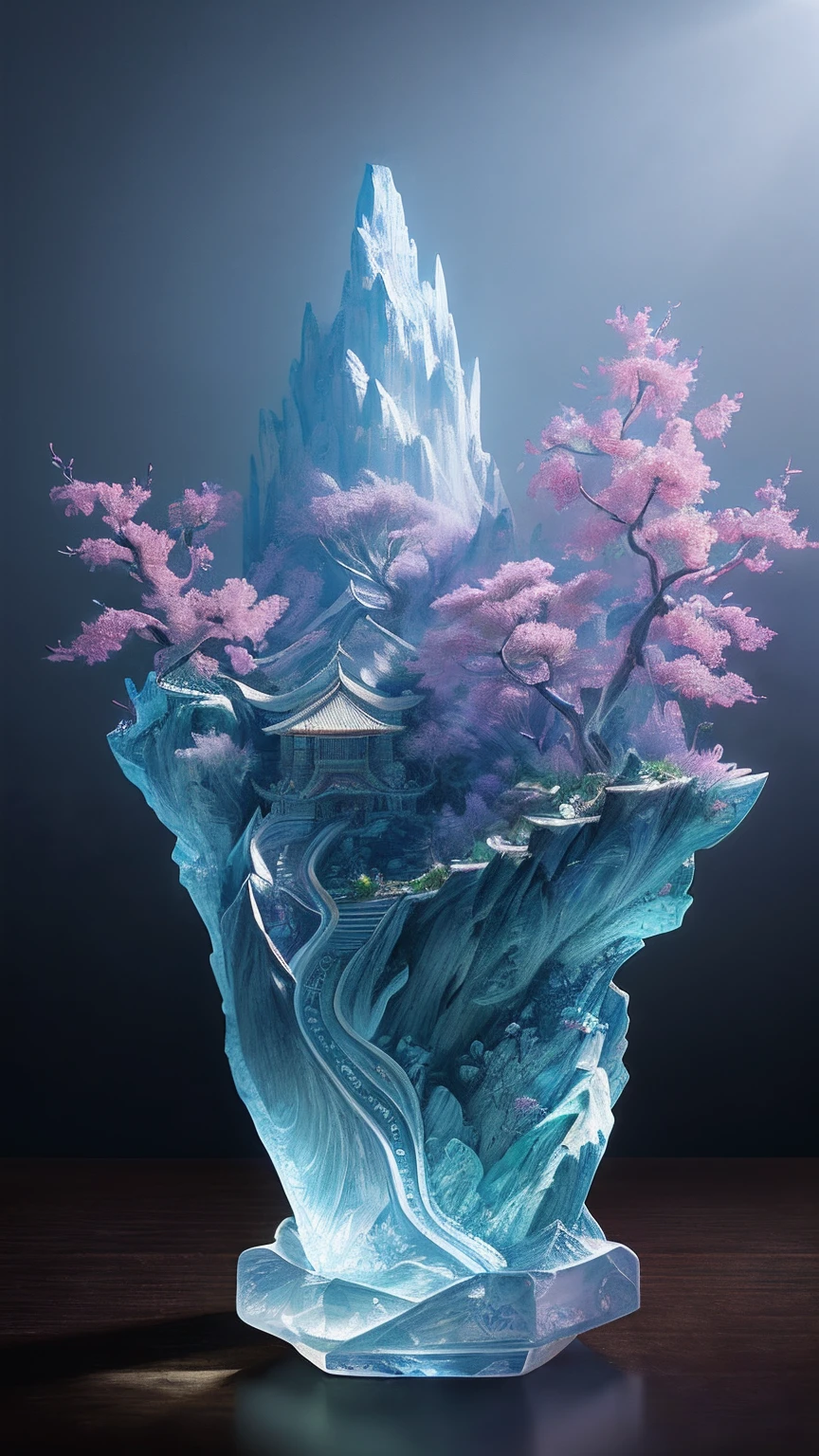 best quality, realistic, photorealistic, ultra detailed, "Mountain of Flower and Fruit+Fairy+Chinese Architecture" highly detailed carving on "southern ice" porcelain,Ultra wide angle,Accent Lighting,Volumetric Lighting,backlighting, (detailed light),((an extremely delicate and beautiful)),dramatic_shadow,ray_tracing,hdr