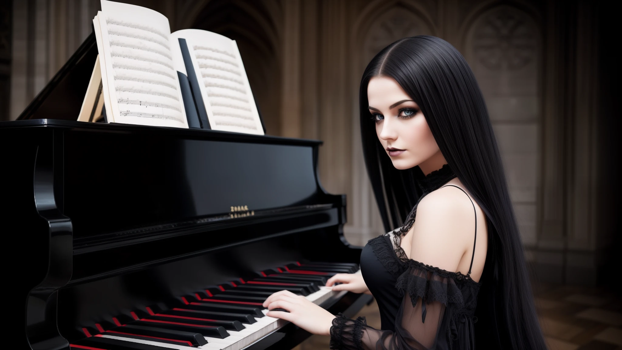 gothic girl mit schwarzen haaren, Piano steht im Hintergrund.