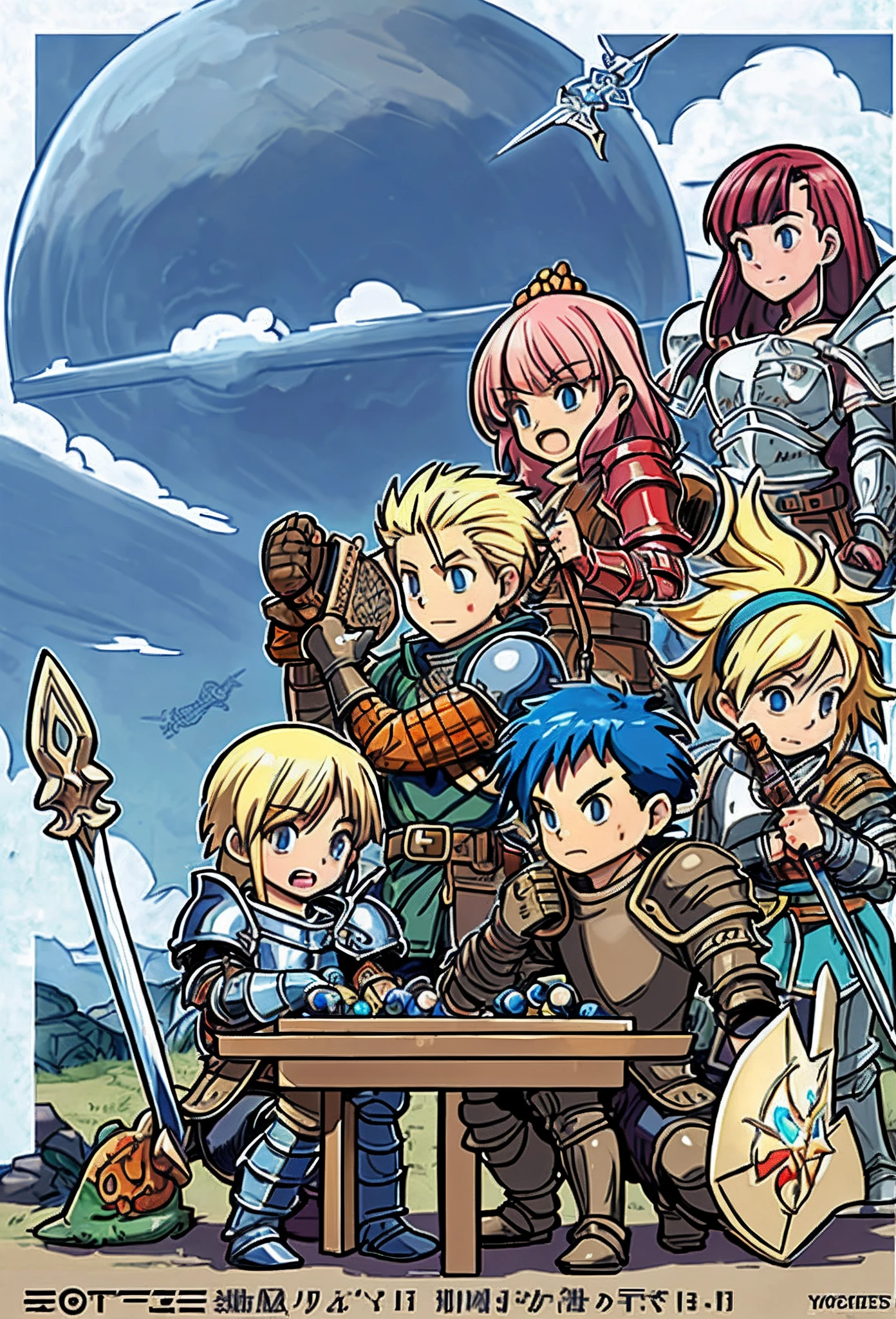 a group of people with swords and armor in a castle, rpg art, rpg artwork, roleplaying game art, adventuring party, amazing d & d dark sun art, by Yoshihiko Wada, dnd party, dnd cover art, high quality dnd illustration, d & d rogue, d&d dark fantasy style, rpg illustration, dungeons and dragons fantasy art, official art, anime cover, board game cover art, promotional art, box art, album art cover, game cover, battle chasers, official anime artwork, album cover, high quality face, high quality hand, males and females, fantasy rpg, warrior, armor, sword, high detailed face
