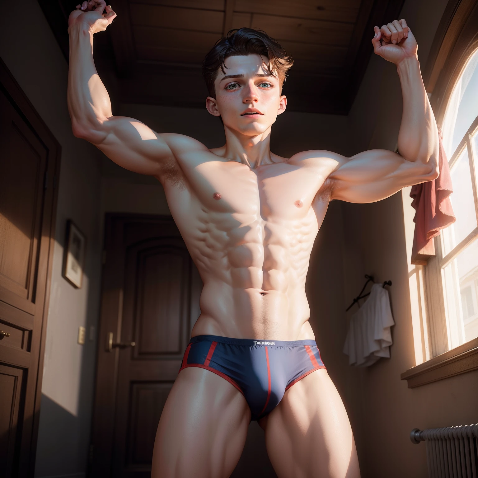 TomHolland,Underwear,srestrained,Raising both arms,