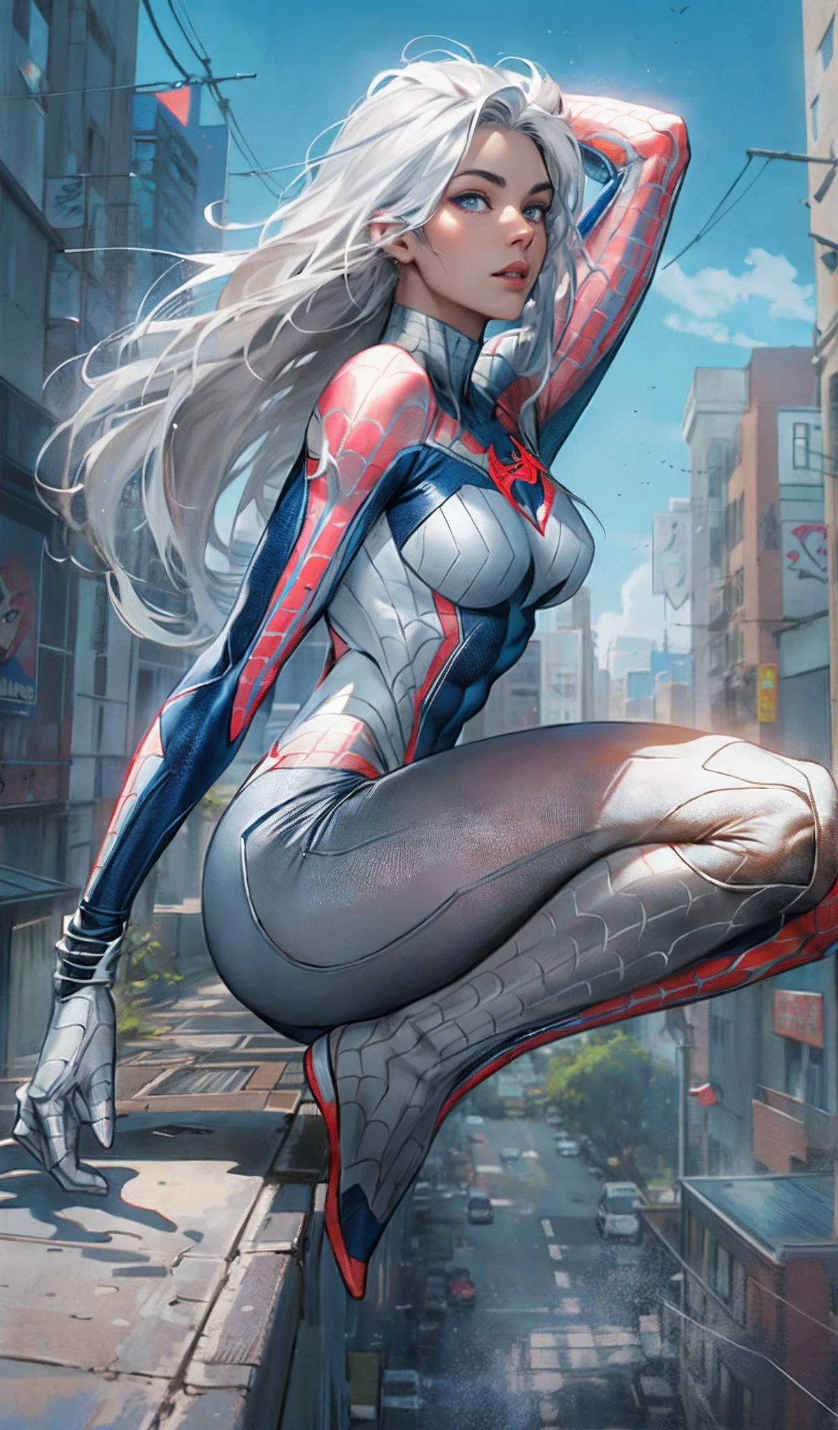(Masterpiece:1.4), (8k, Realistic, RAW Photo, Best Quality: 1.4), Japanese, (1 Girl), Beautiful Face, (Realistic Face:1.4), (Gray Hair, Long Ponytail:1.3), Beautiful Hairstyle, Beautiful Detailed Eyes, (Best Ratio Eyes: 1.5), Attractive, Ultra High Resolution, Ultra Realistic, Highly Detailed, Best Proportions, (Detailed Face: 1.4), Looking at the Audience, Red Lipstick, (Best Ratio Fingers: 1.5), (White superhero theme, glamorous, there's a girl at the top of town, wearing a transparent lingerie Spider-Man costume, she's a superhero,[((25 years old), full body, (realistic blue eyes: 1.2), ((Spider-Man pose), show strength, jump from building to building), ((sandy city environment): 0.8)|(cityscape, night, dynamic lights), (full moon))] # Note: The prompt mainly describes ultra-high-definition 4K paintings, which are very realistic and very detailed. It shows a superheroine at the top of the city, dressed in a Spider-Man costume. The theme in the painting is a white superhero theme, the heroine has long white hair, is 25 years old this year, and her entire body is displayed in the painting. In terms of depicting the actions of superheroines, spiders are used, (spider web bra: 1.4), perky_nipples, ((exposed_nipples, bare breasts, high proportion of realistic breasts, realistic big breasts): 1.4), (shut up: 1.4), (camel_toe_pussy: 1.4), innie_pussy, shyness --auto --s2