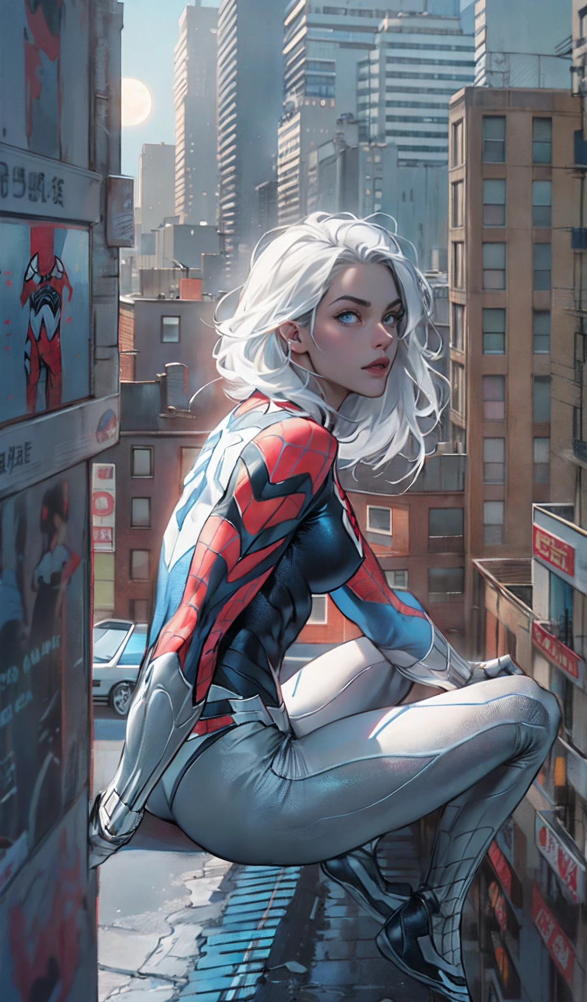 (​masterpiece、4K resolution、A hyper-realistic、ighly detailed)、(White Superhero Theme、Charisma、There's a girl in a Spider-Man costume over town、She's a superhero)、 [((30-years old)、(Long grey hair:1.2)、full body Esbian、(blue eyess:1.2)、((Spider-Man pose)、show of strength、Jump from one building to another)、(Look back)、((Sandy urban environment):0.8)|(A city scape、natta、Dinamic Light)、(fullmoon)]#illustrate:Prompts are mainly ultra high definition、very real、Describes highly detailed 4K paintings。A superheroine in a Spider-Man costume is depicted at the top of the city。The theme of the picture is white superhero theme、The female protagonist has long white hair and、At the age of 30、Her whole body is shown in the painting。In terms of depicting the actions of superheroines、Spiders are employed