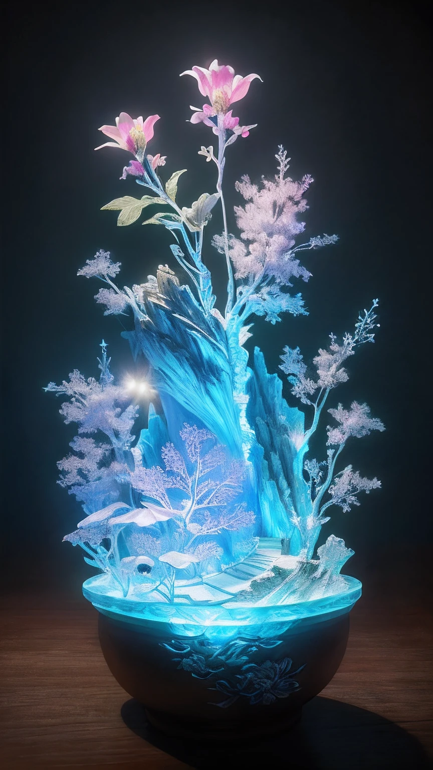 best quality, realistic, photorealistic, ultra detailed, "Mountain of Flower and Fruit+Fairy+Chinese Architecture" highly detailed carving on "southern ice" porcelain,Ultra wide angle,Accent Lighting,Volumetric Lighting,backlighting, (detailed light),((an extremely delicate and beautiful)),dramatic_shadow,ray_tracing,hdr