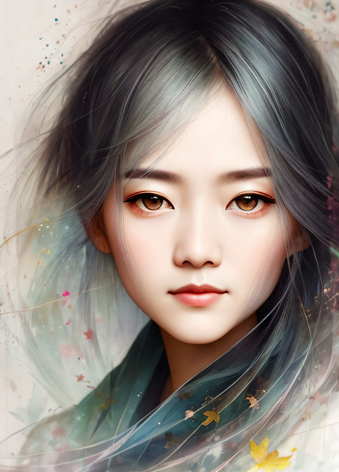 Inspiration for Agnes Cecile,Gray-haired Chinese grandmother,Luminous design,pastelcolor,Ink drops,Autumn lights