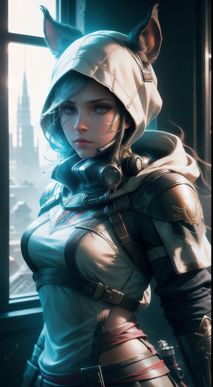 Portrait of a female warrior standing in front of the window, Assassin's Creed game, photograph realistic, postapocalypse