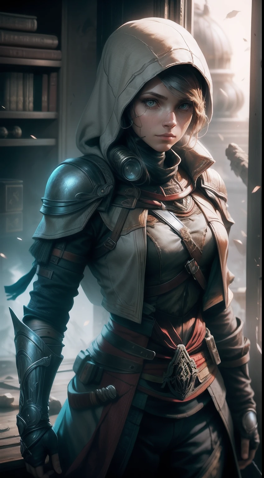 Portrait of a female warrior standing in front of the window, Assassin's Creed game, photograph realistic, postapocalypse
