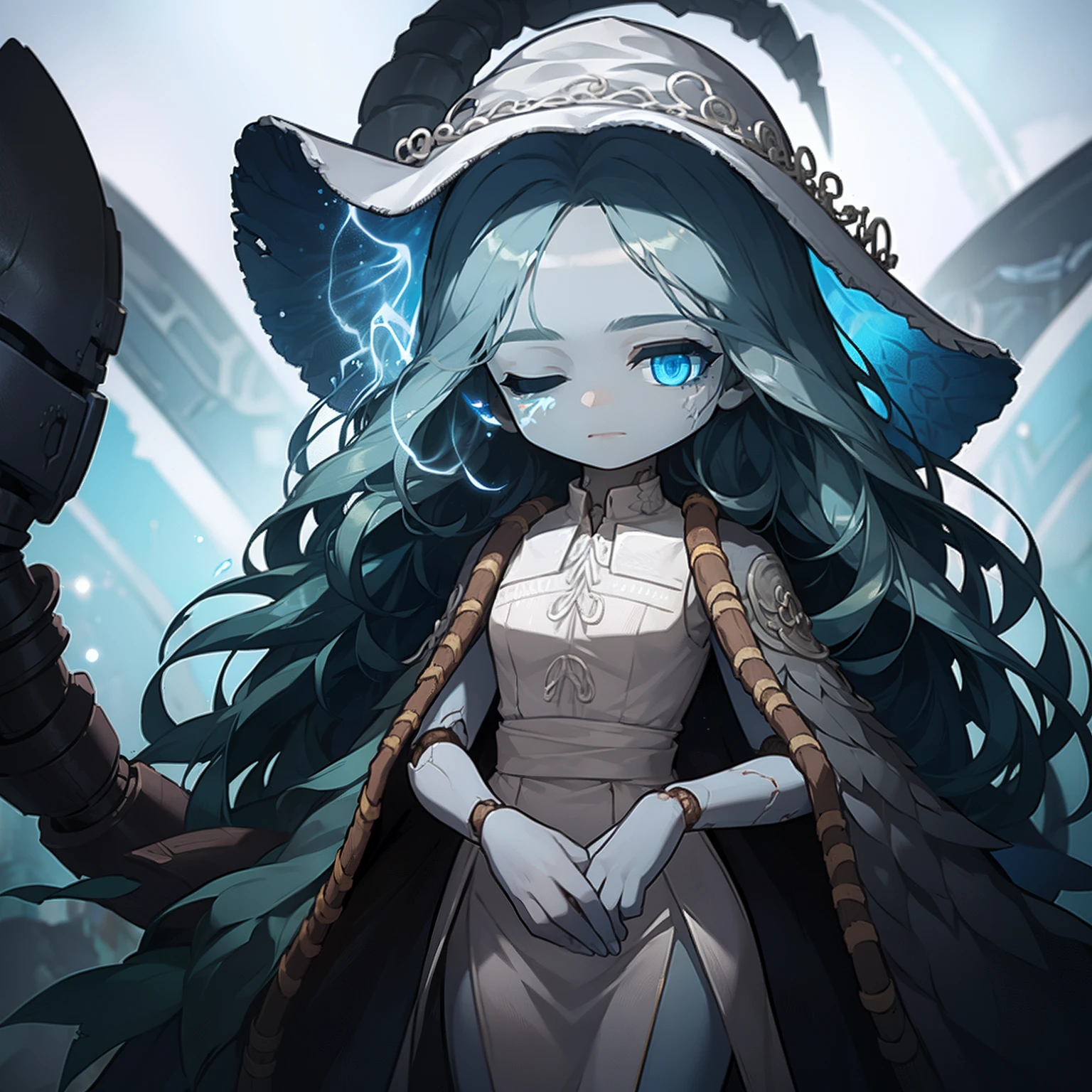 Ranni, 1girl, wavy hair, blue skin, cracked skin, ((extra arms)), extra faces, doll, joints, doll joints, white dress, hat, cloak, extra arms, blue hair, wavy hair, blue eyes, perfect anatomy, solo, chibi