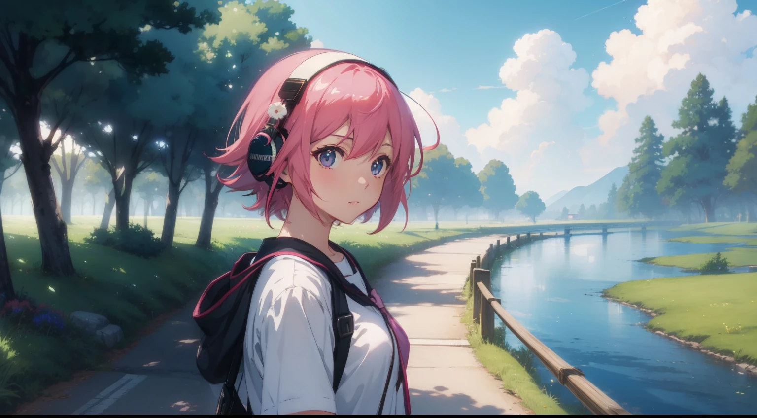 ​masterpiece、top-quality、Movie stills、1girl in、gotou hitori， gotou1，animesque、Pink shorthair、Pink hair、eyes large、Big eyes with sparkly、singers、illustratio、summer clothing、microphone、headphones、kawaii、run、Large grasslands、Sunset in the city（Spark：0.7）、Background like Makoto Shinkai