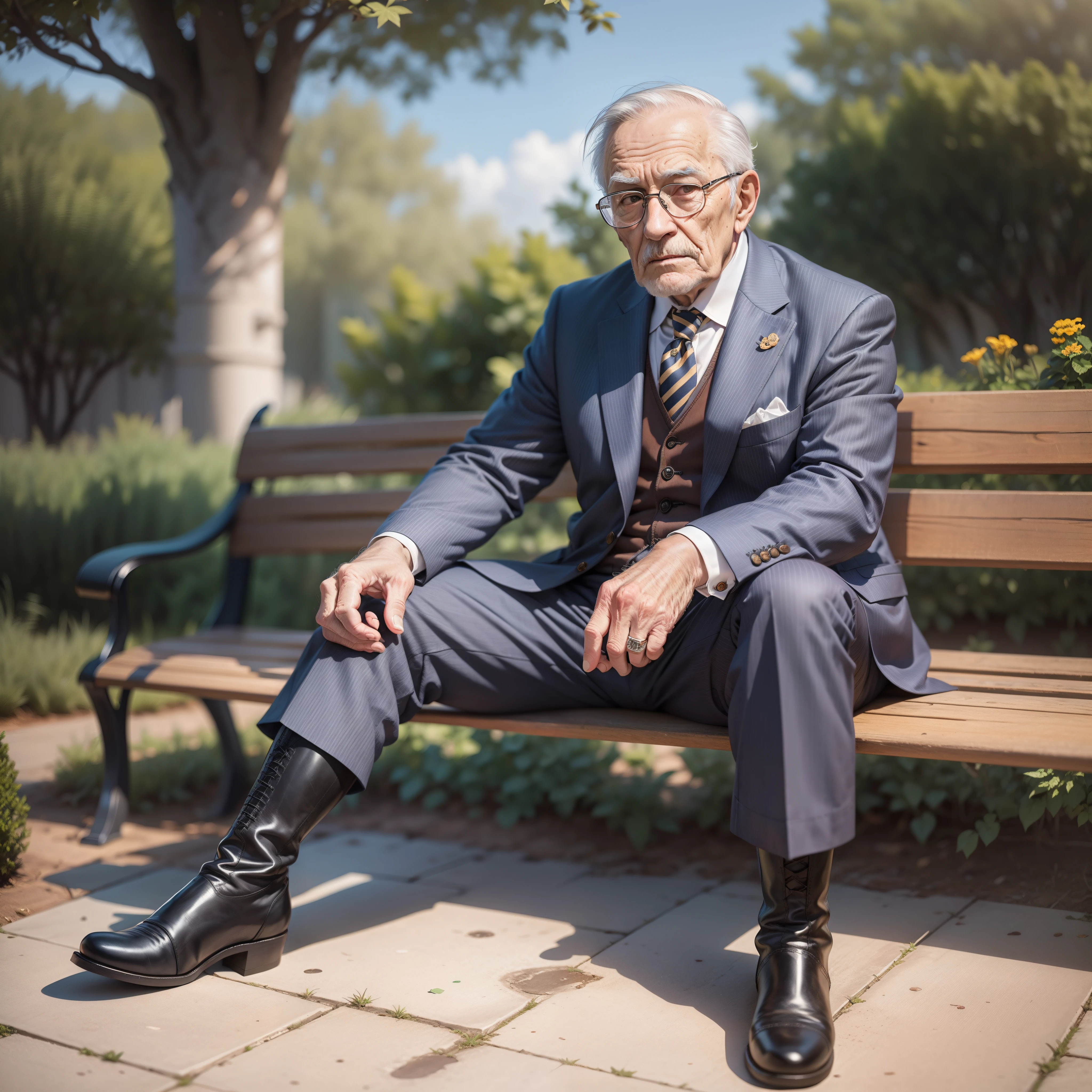 An old man in riding boots sat on a bench，He wears a striped suit，Wearing glasses，balding，