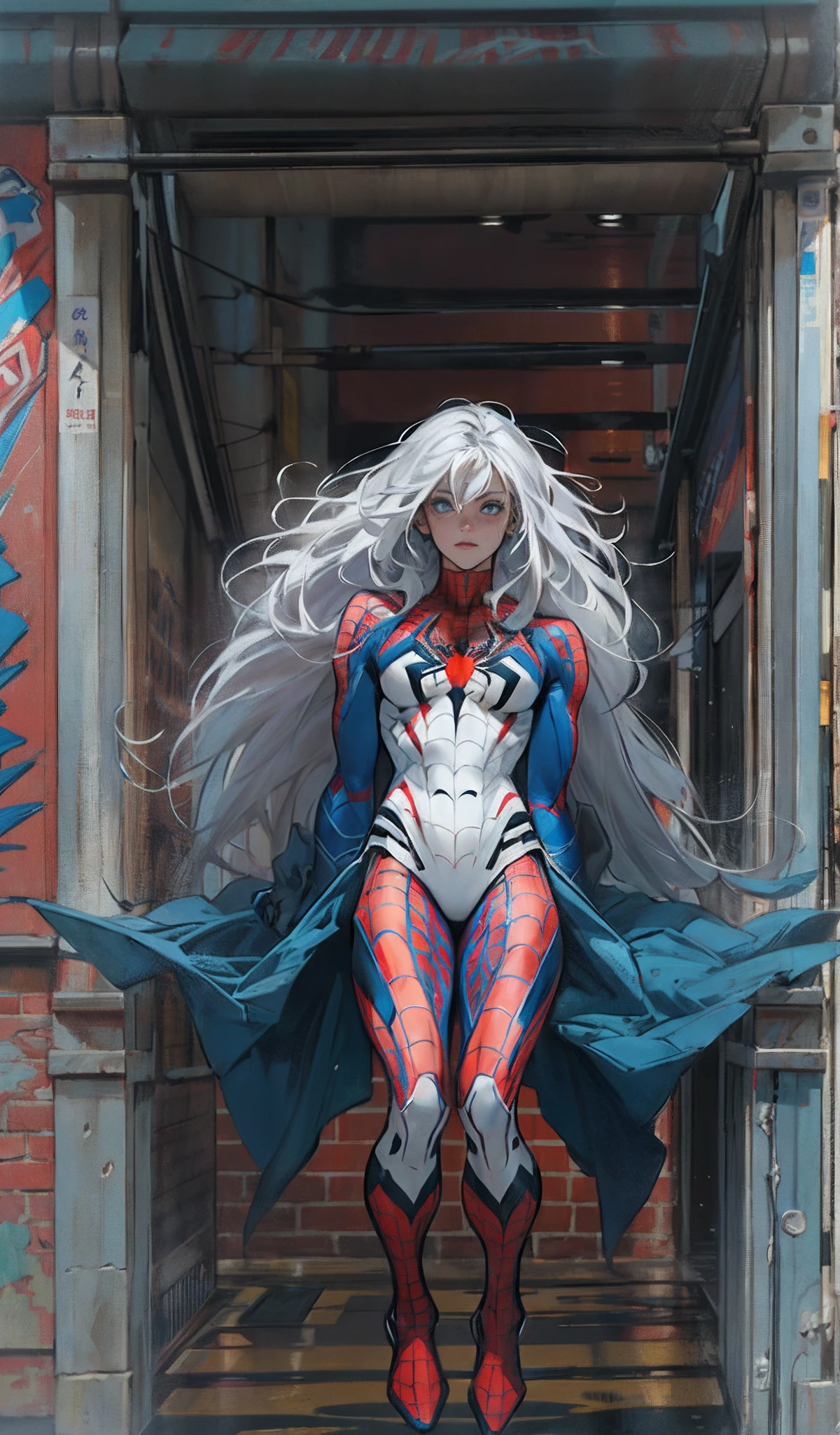 (​masterpiece、4K resolution、A hyper-realistic、ighly detailed)、(White Superhero Theme、Charisma、There's a girl in a Spider-Man costume over town、She's a superhero)、 [((30-years old)、(Long grey hair:1.2)、full body Esbian、(blue eyess:1.2)、((Spider-Man pose)、show of strength、Jump from one building to another)、(Look back)、((Sandy urban environment):0.8)|(A city scape、natta、Dinamic Light)、(fullmoon)]#illustrate:Prompts are mainly ultra high definition、very real、Describes highly detailed 4K paintings。A superheroine in a Spider-Man costume is depicted at the top of the city。The theme of the picture is white superhero theme、The female protagonist has long white hair and、At the age of 30、Her whole body is shown in the painting。In terms of depicting the actions of superheroines、Spiders are employed
