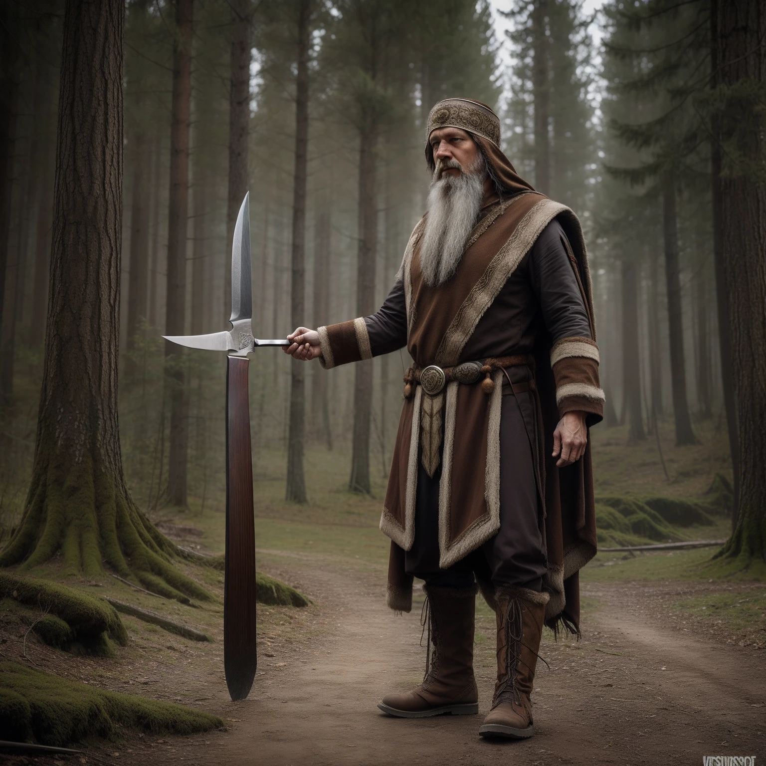Модель Realistic Vision V5.1 Realistic photo , A man in a druid costume , stands in full growth , His boots are visible , holding a ritual knife in his hand .
