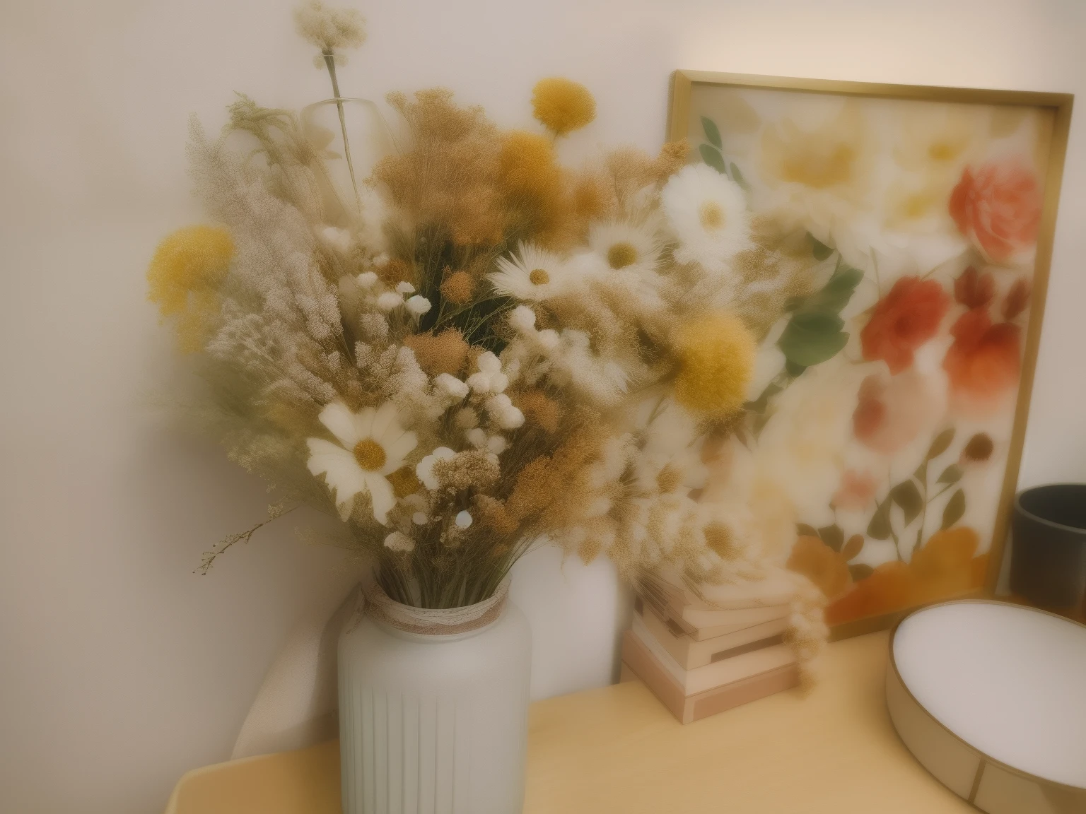 On the table next to the picture there is a vase，There are flowers on it, dried flower, Self-restraint, made of dried flowers, dried flower, with yellow flowers around it, shades of gold display naturally, flowers and stems, she has a crown of dried flowers, vase with flowers, wilted flowers, i dream of a vase flowers, with flowers and plants
