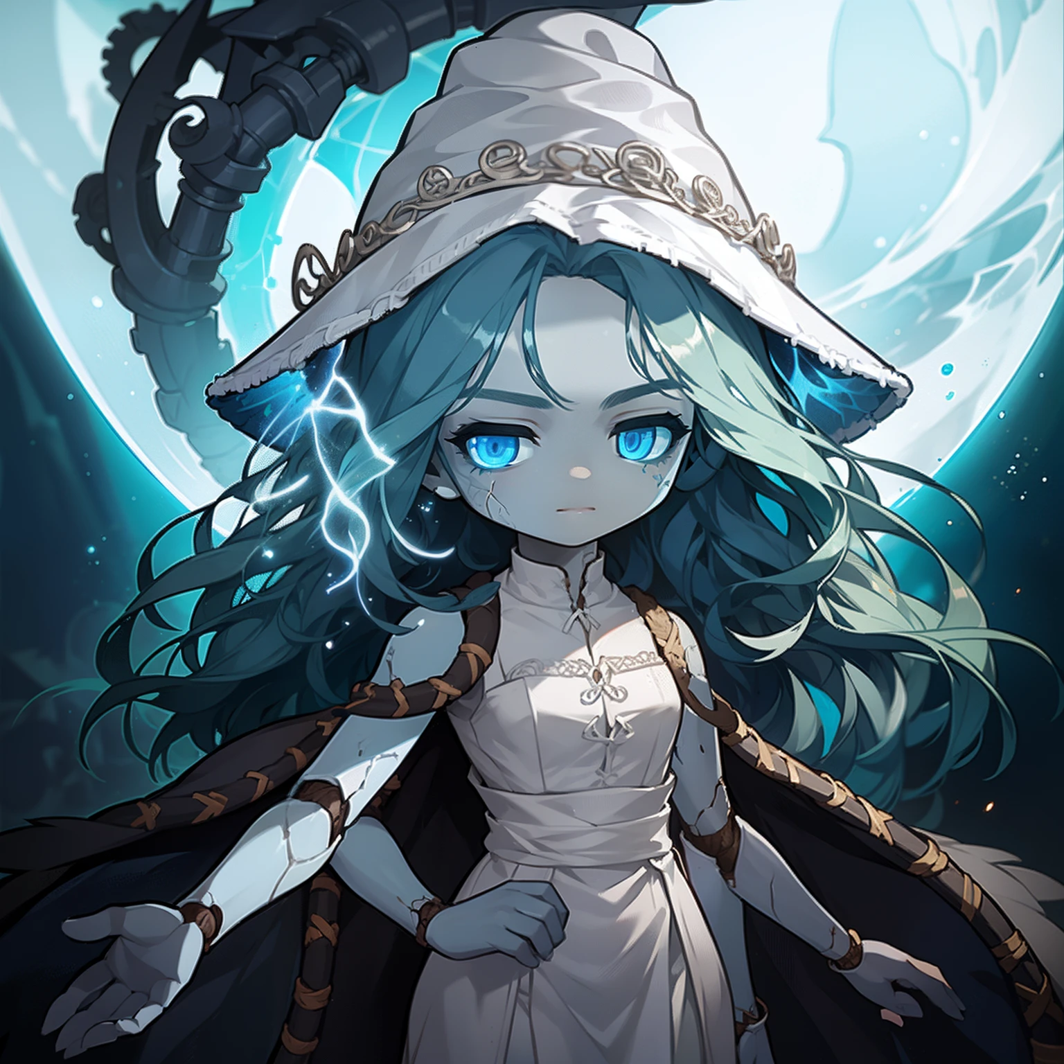 Ranni, 1girl, wavy hair, blue skin, cracked skin, ((extra arms)), extra faces, doll, joints, doll joints, white dress, hat, cloak, extra arms, blue hair, wavy hair, blue eyes, perfect anatomy, solo, chibi