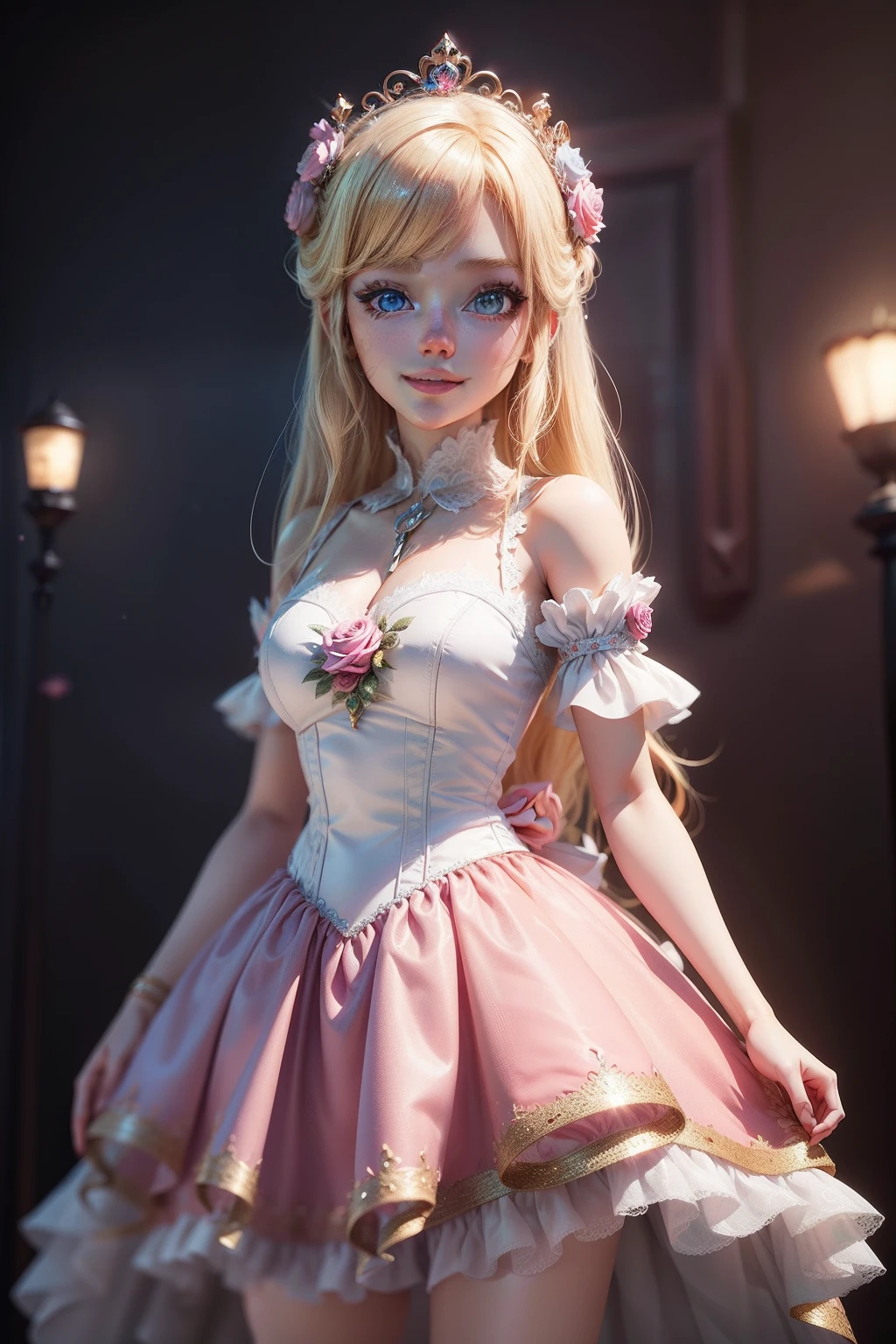 There is a doll in a prom dress, anime barbie in white, Delicate skin, Big blue eyes,Pink rose space,  Anime princess, princess portrait, blond-haired princess, kindly smile, Animated illustration, Disney style, Pixar style, OC Render，Kushatt Krenz Key Art Women, 3 d render stylized, 3 D rendering character art 8 K, Cute detailed digital art,  anime styled 3d，Masterpiece, Super detailed, Epic composition, Highest quality，