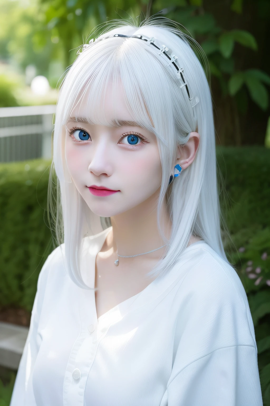 a close up of a person with a white shirt and blue eyes, perfect white haired girl, girl with white hair, cute natural anime face, white hime cut hairstyle, kawaii realistic portrait, realistic young anime girl, white-hair pretty face, anime girl in real life, long white hair and bangs, with white long hair, white haired, white-haired, clear face, fix ear, necklace, realistic face